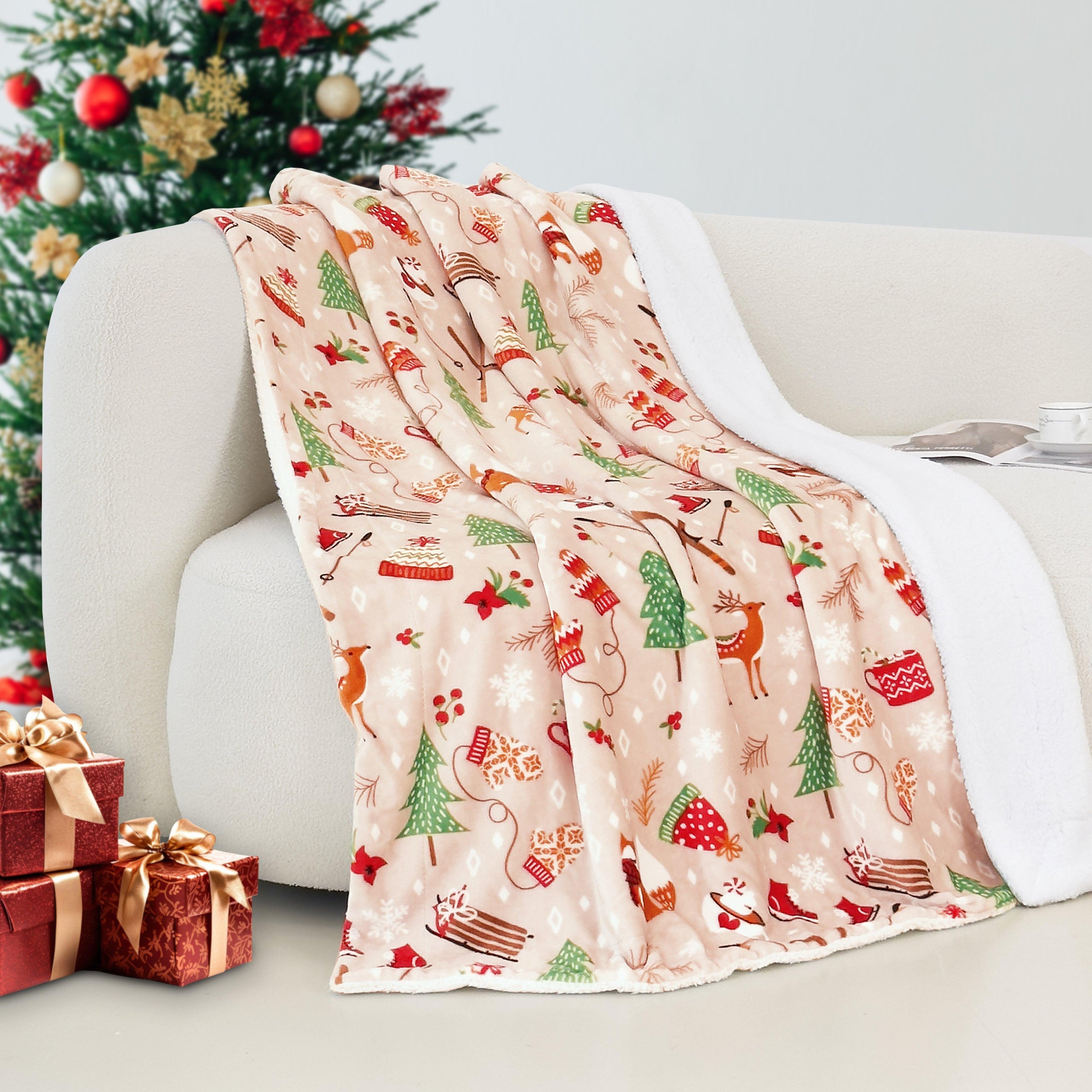 Christmas Sherpa Throw with Flannel Fleece - 50 x 60 inches