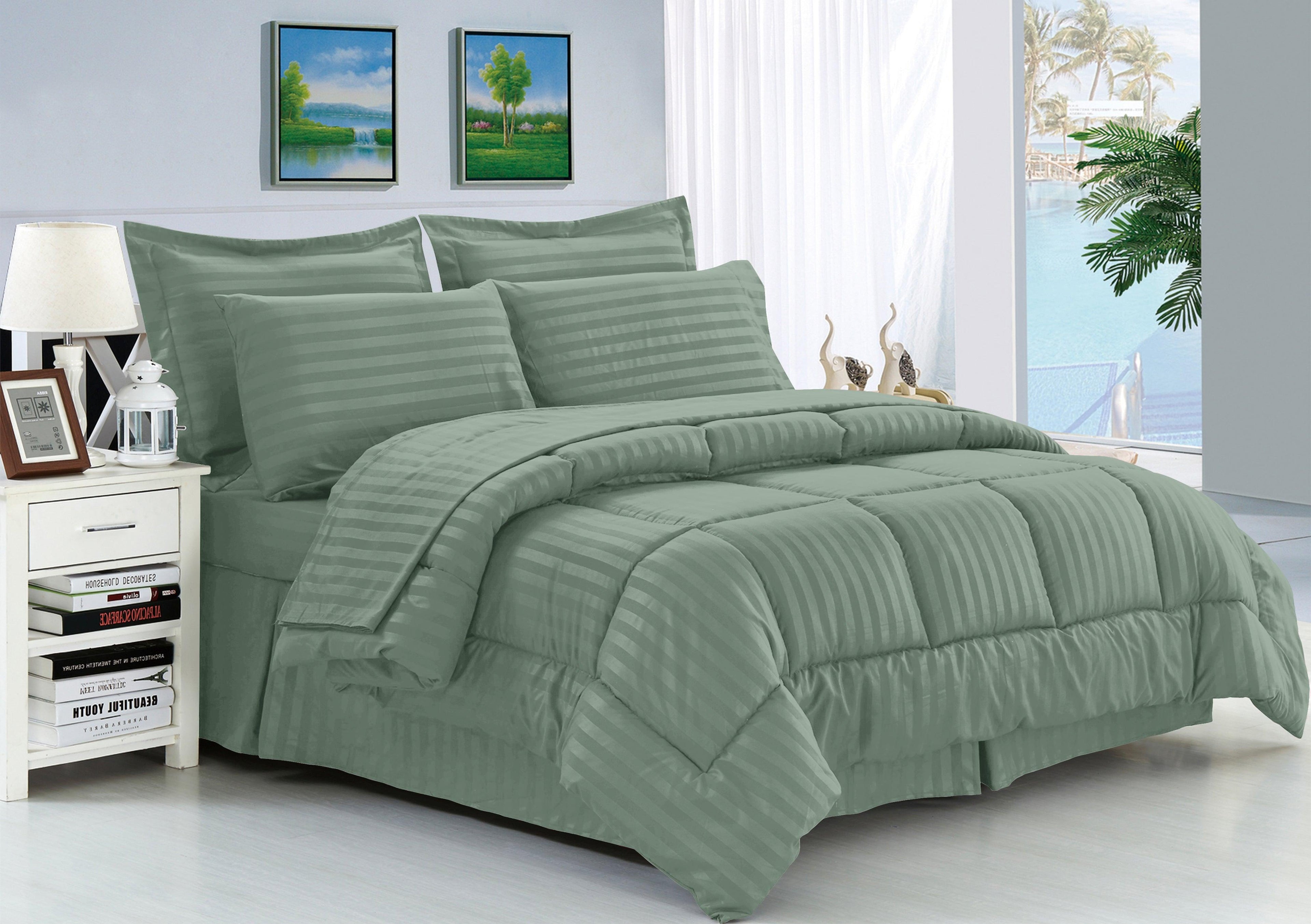 8-Piece Dobby Stripe Comforter Set - Includes 4-Piece Sheet Set with Double Sided Storage Pockets