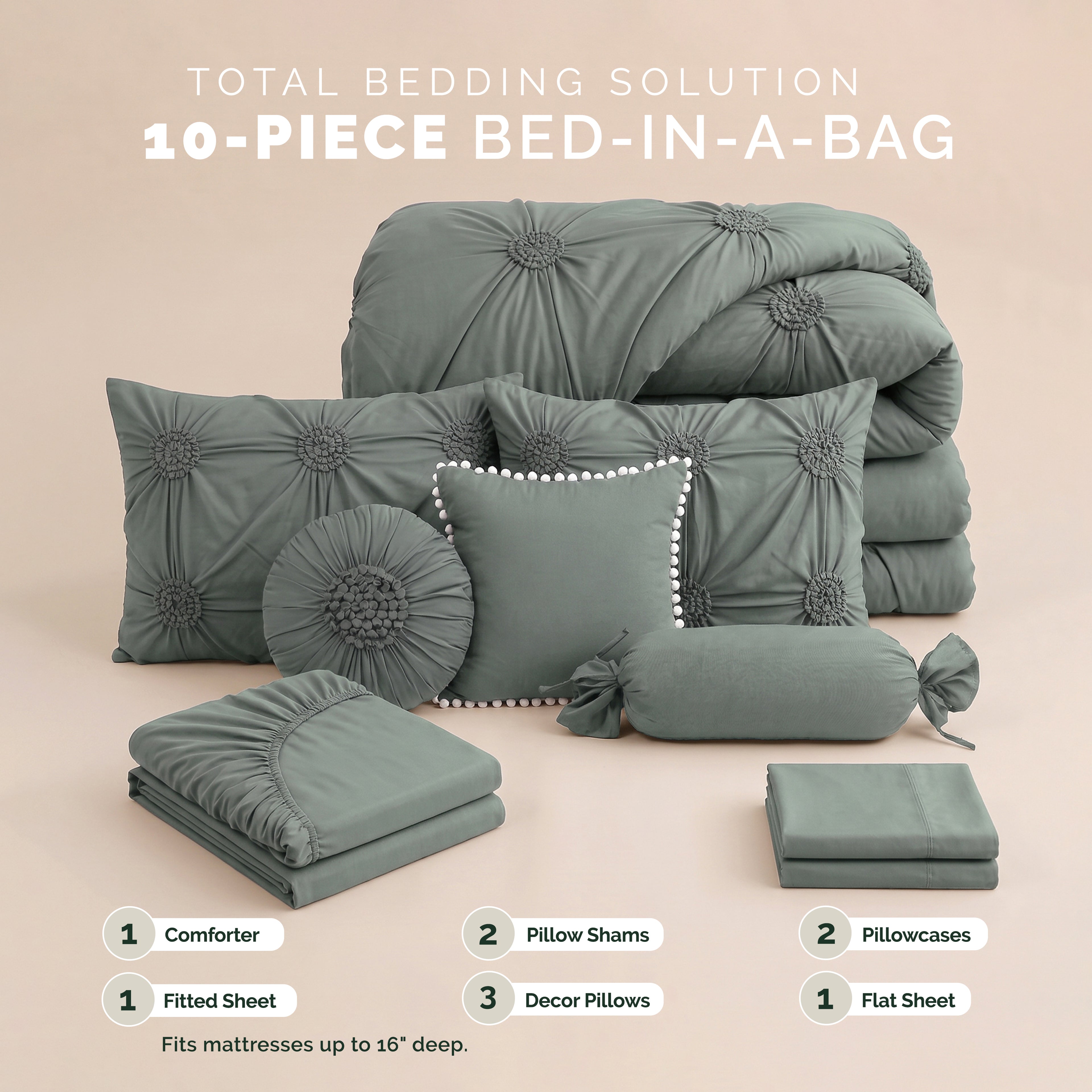 10-Piece Sunflower Comforter Set - Includes 4-Piece Sheet Set with Double Sided Storage Pockets