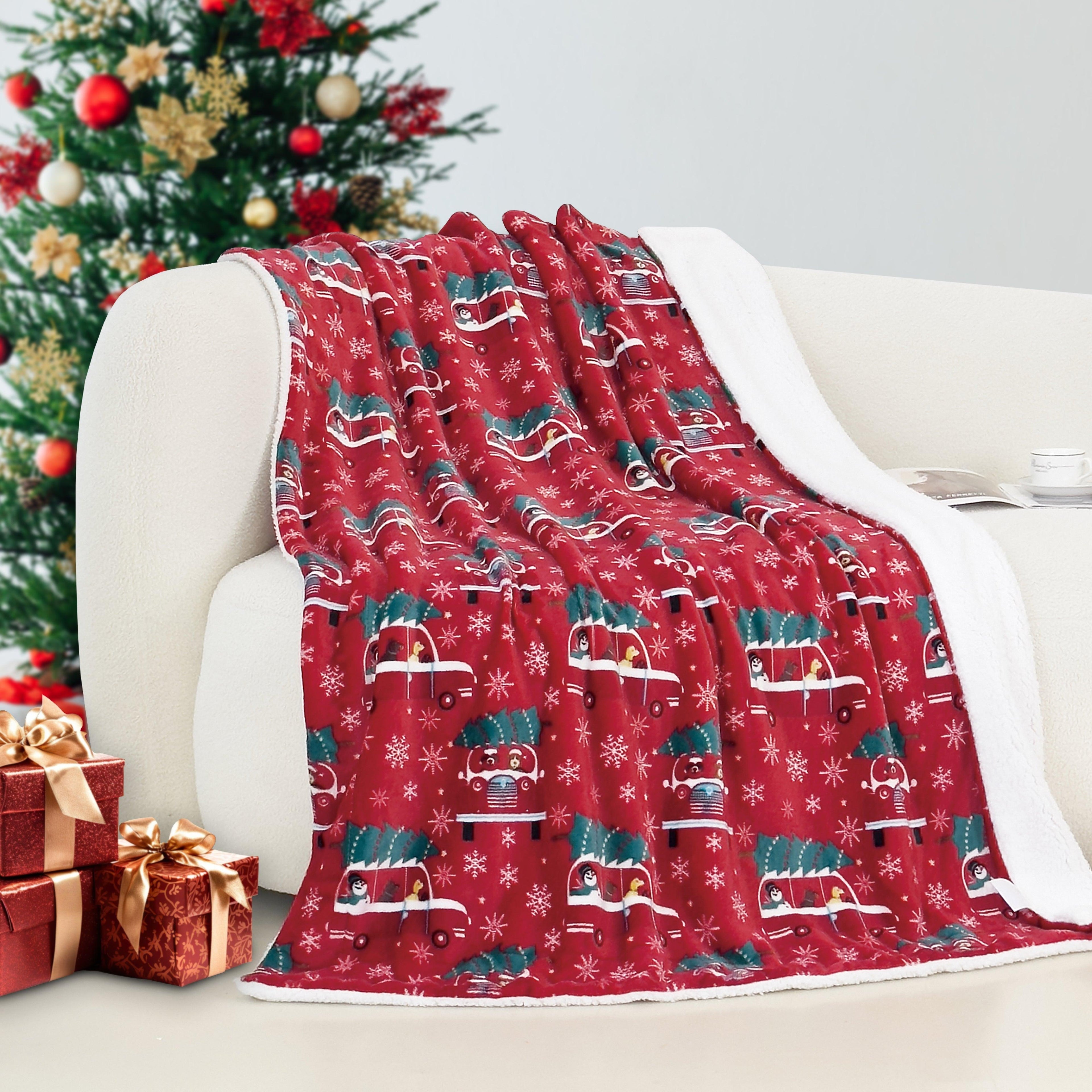 Christmas Sherpa Throw with Flannel Fleece - 50 x 60 inches