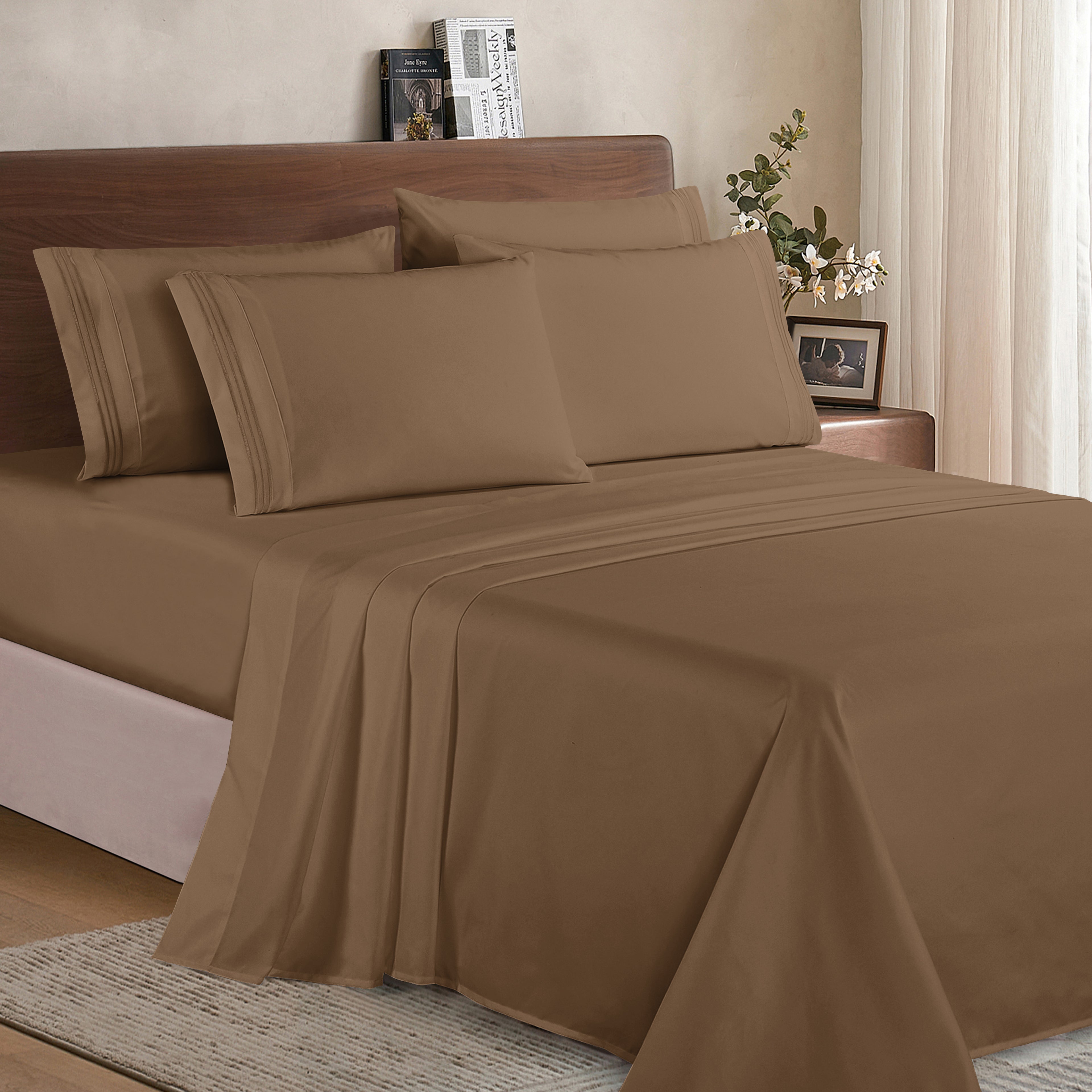 Essential 6-Piece 3-Line Embroidery Sheet Set, Soft as a Hotel Premium Quality,  Moody Shades