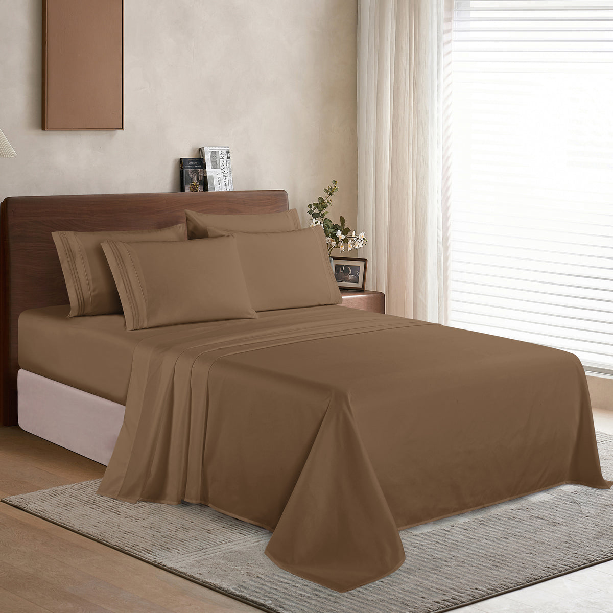 Essential 6-Piece 3-Line Embroidery Sheet Set, Soft as a Hotel Premium Quality,  Moody Shades