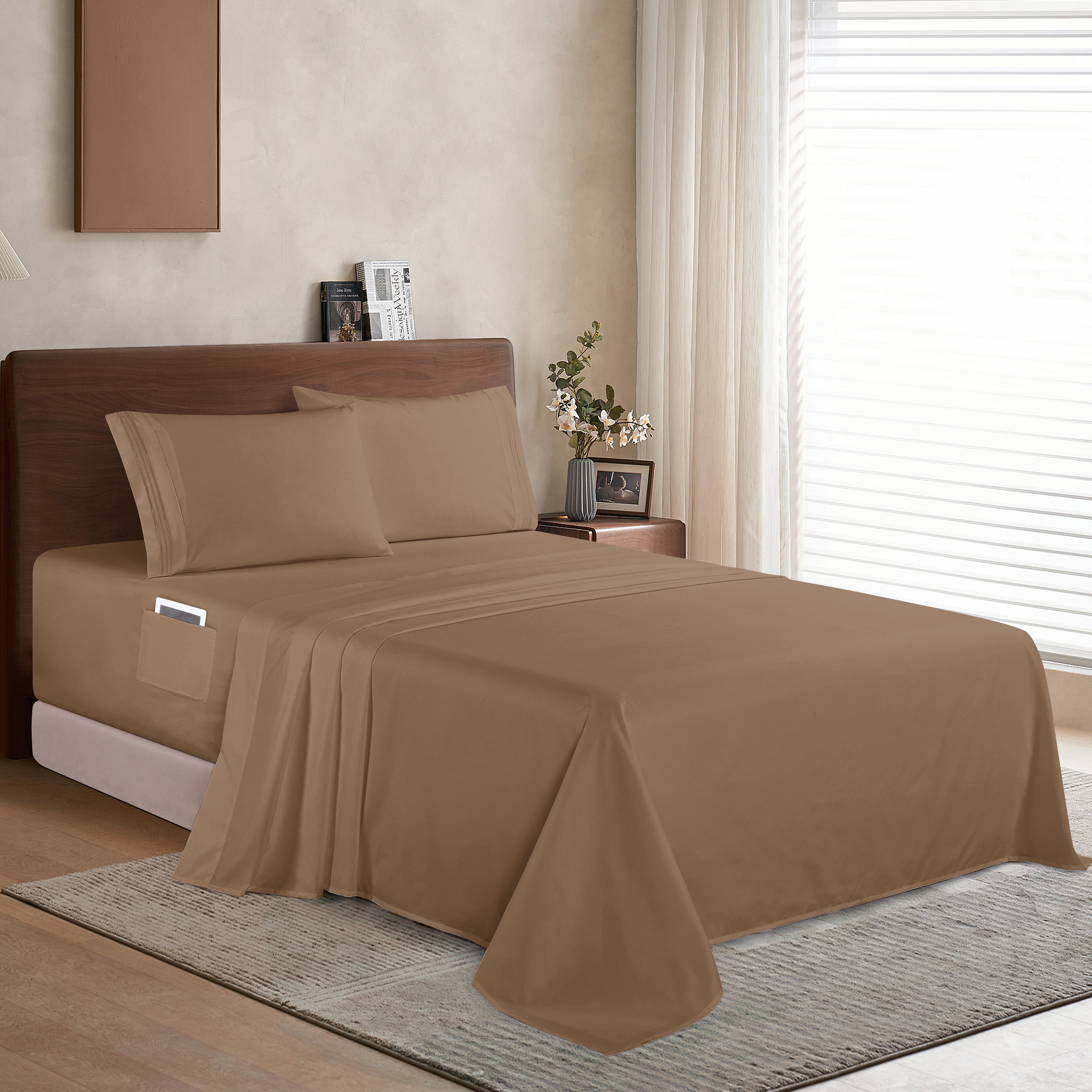 Extra deep 18-24 Inch Pocket 3 Line Embroidery, 4-Piece Sheet Set, Moody Shades