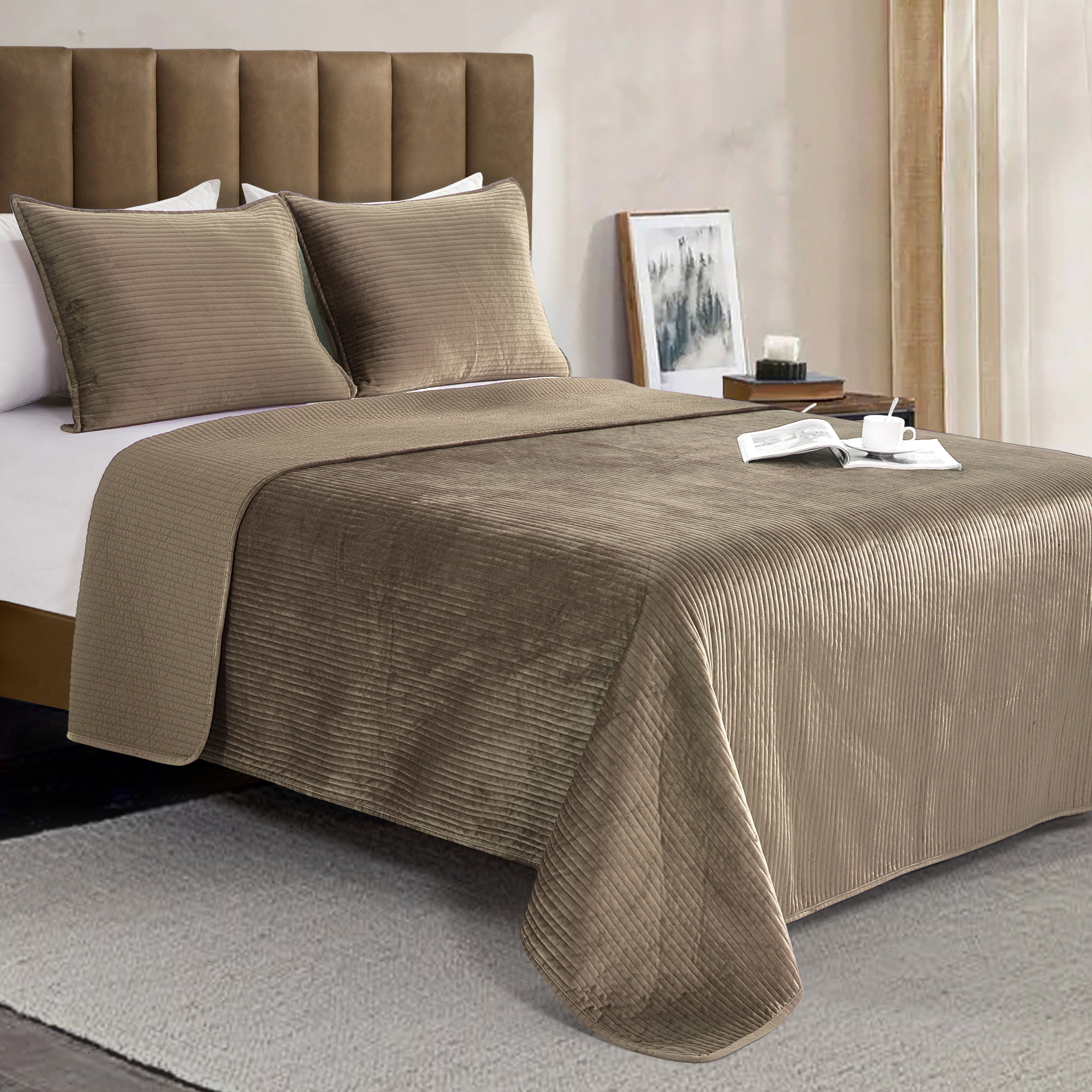 3-Piece Velvet Corduroy Stripe Quilted Bedspread Coverlet Set