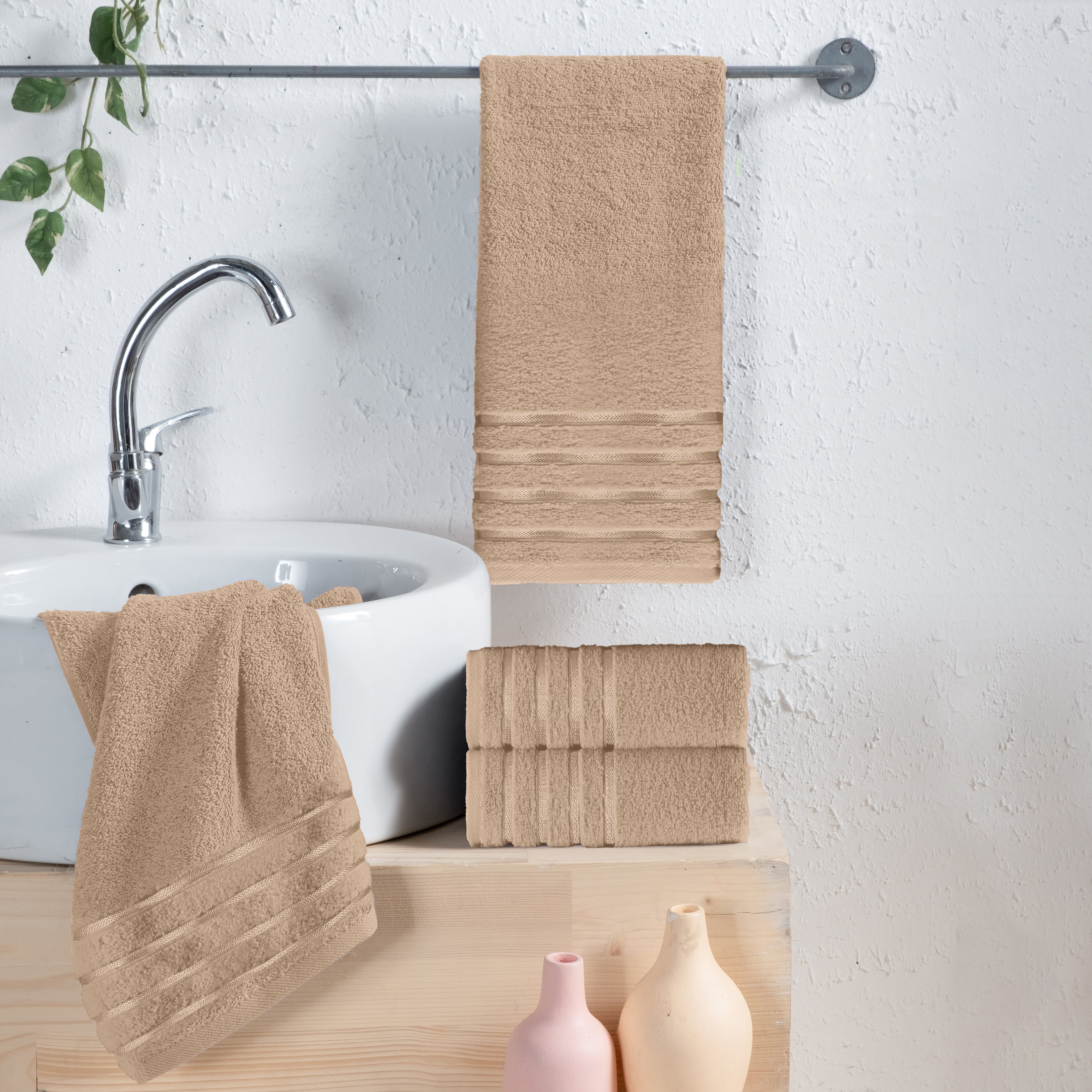 4-Pack Turkish Cotton 4 Lines Stripe Hand Towel Set, 16 x 28 inch