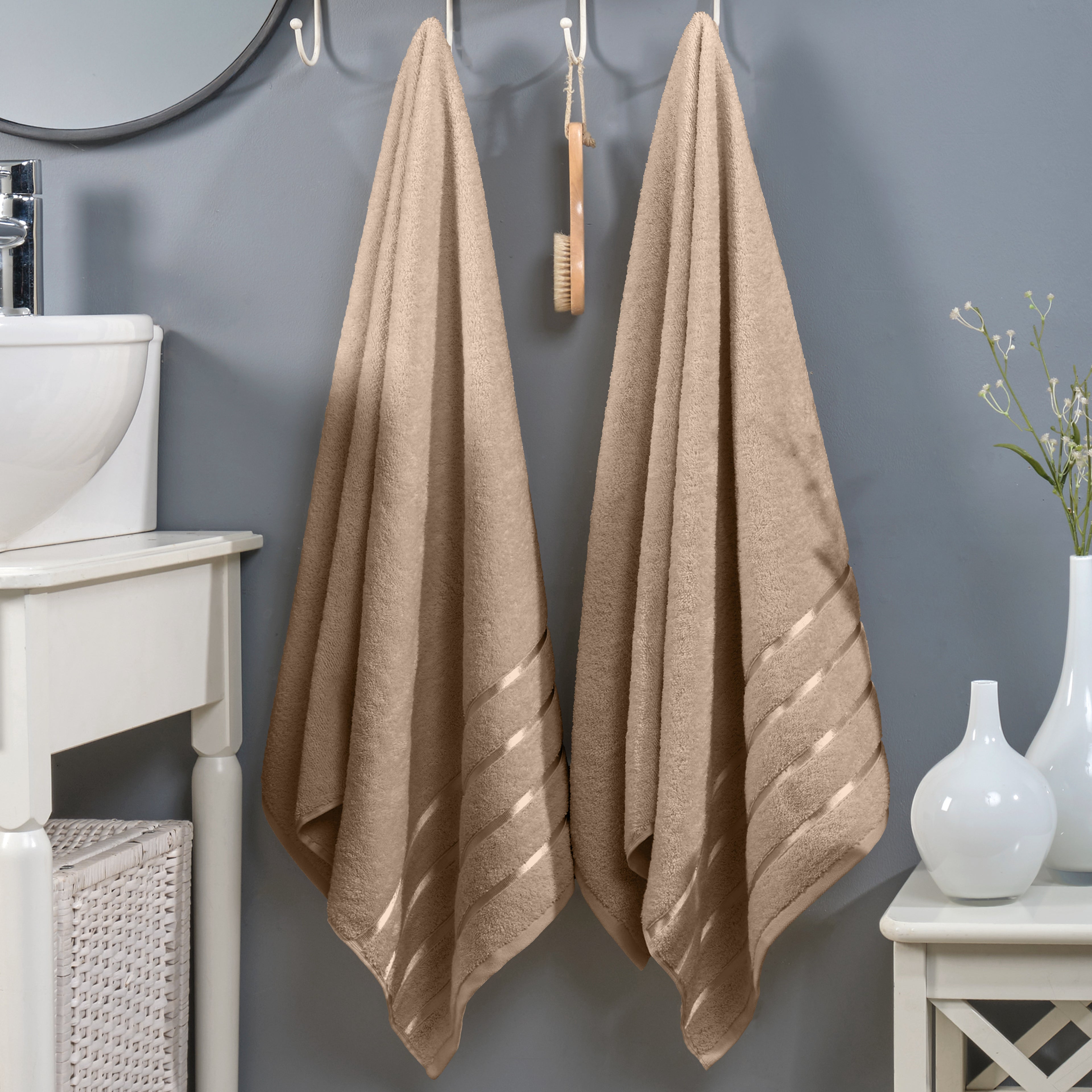 2-Pack Premium Turkish Cotton 4 Lines Stripe Bath Towel Set, 27 x 54 inch