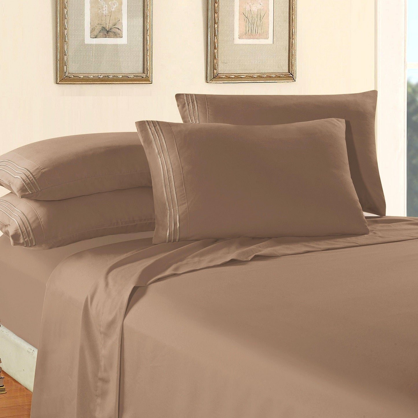 Elegant Comfort Essential 6-Piece 3-Line Embroidery Sheet Set, Soft as a Hotel Premium Quality,  Moody Shades