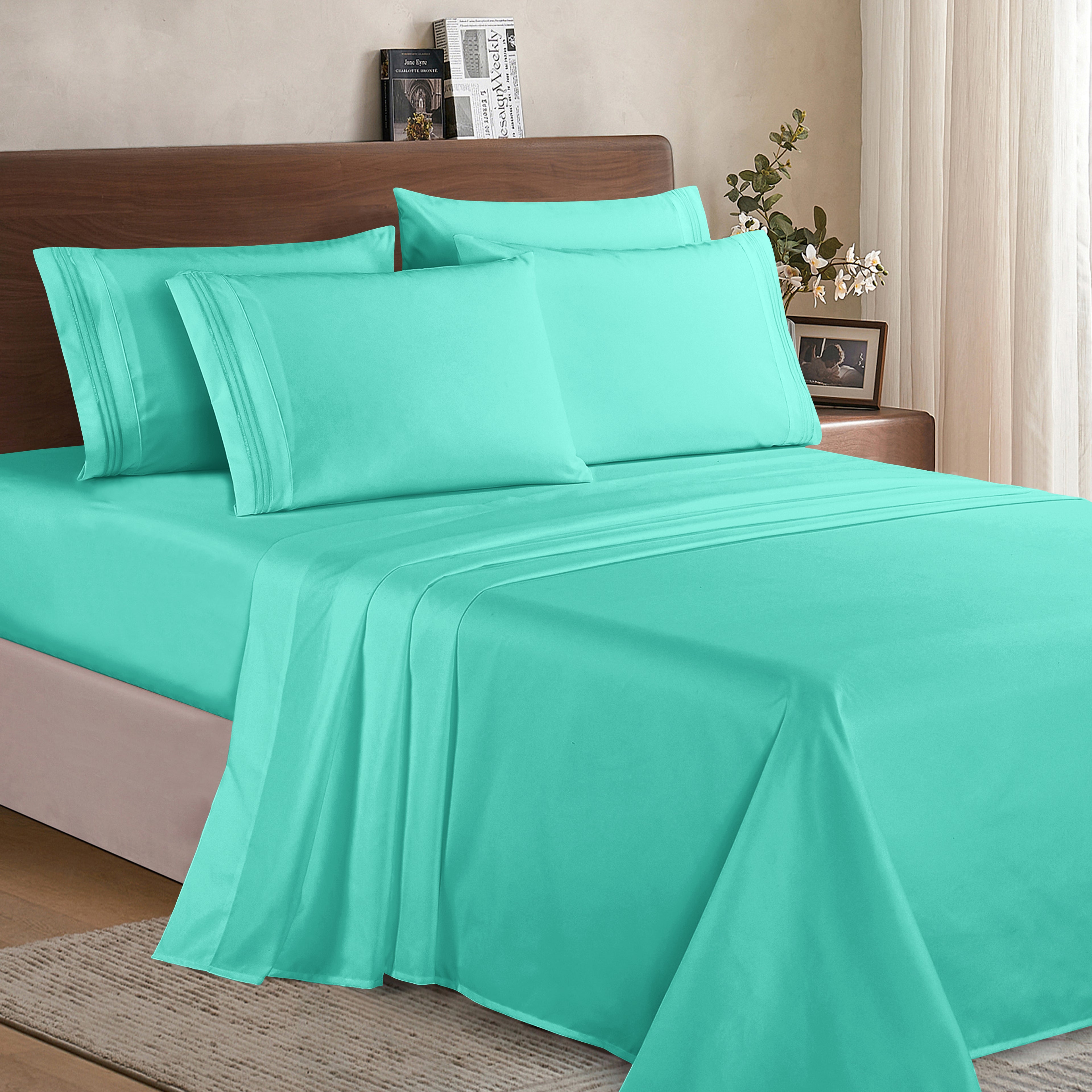 Essential 6-Piece 3-Line Embroidery Sheet Set, Soft as a Hotel Premium Quality, Bright Shades