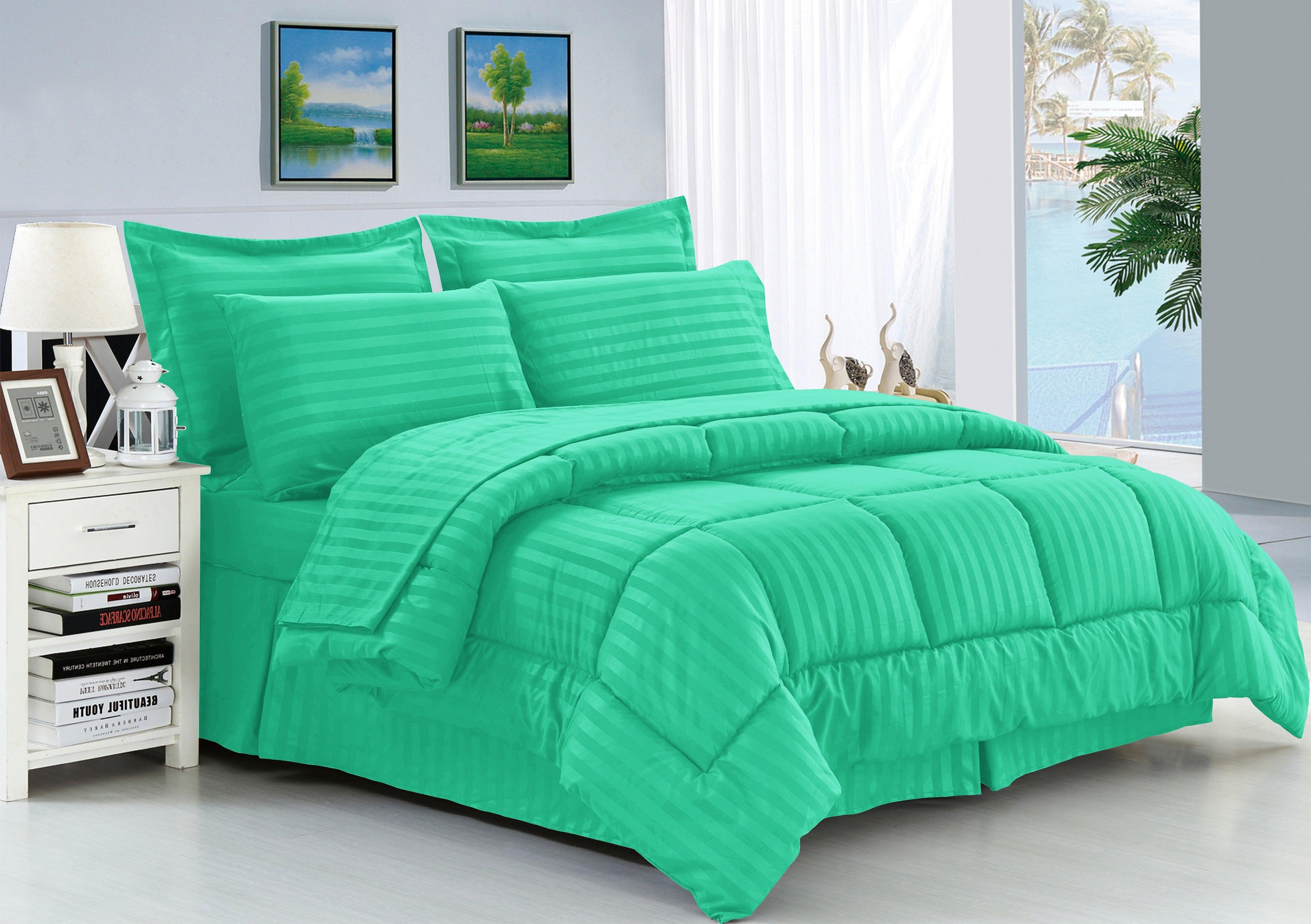 8-Piece Dobby Stripe Comforter Set - Includes 4-Piece Sheet Set with Double Sided Storage Pockets