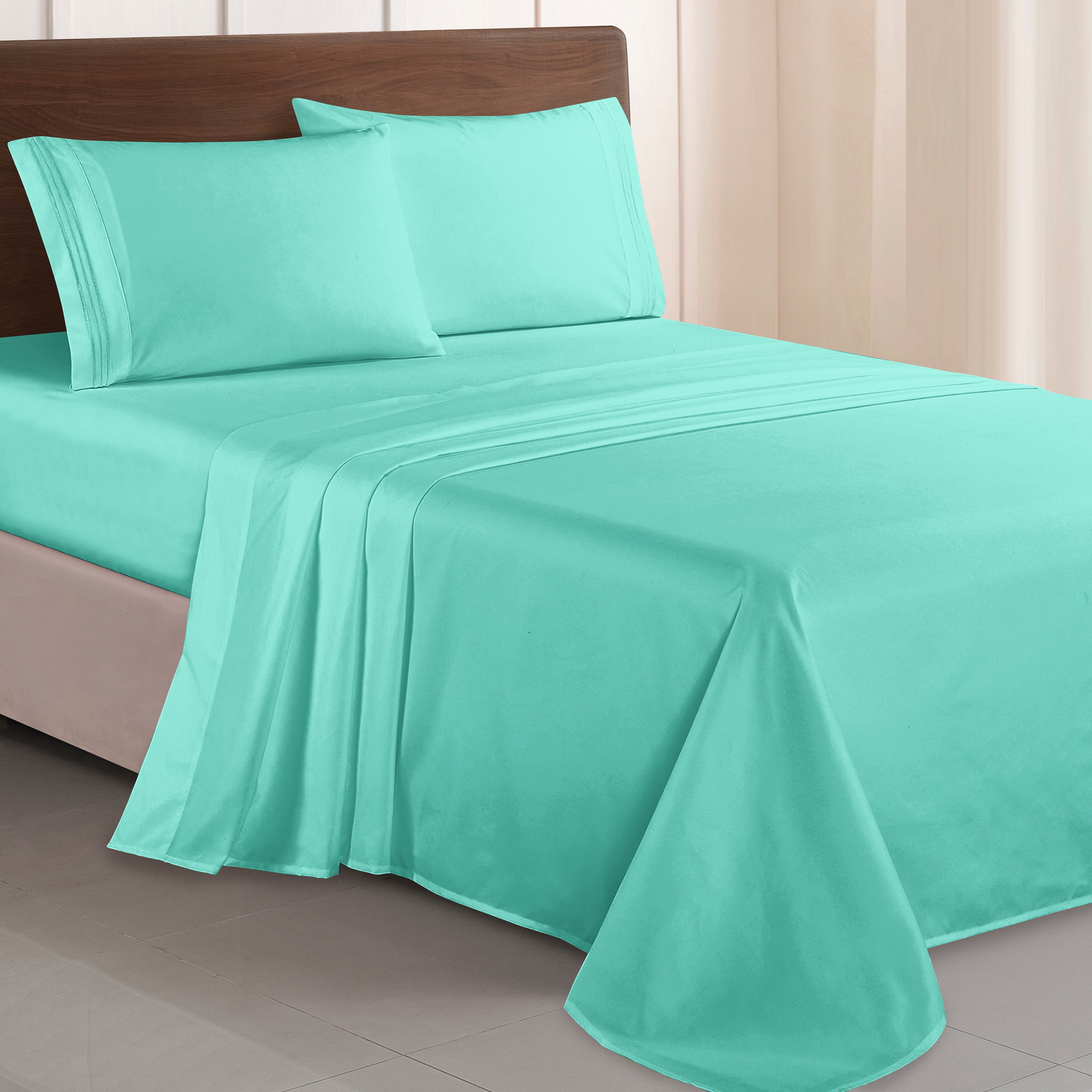 Essential Solid 3 Line Embroidery - Soft as a Hotel Premium Quality, 4-Piece Sheet Set, Bright Shades