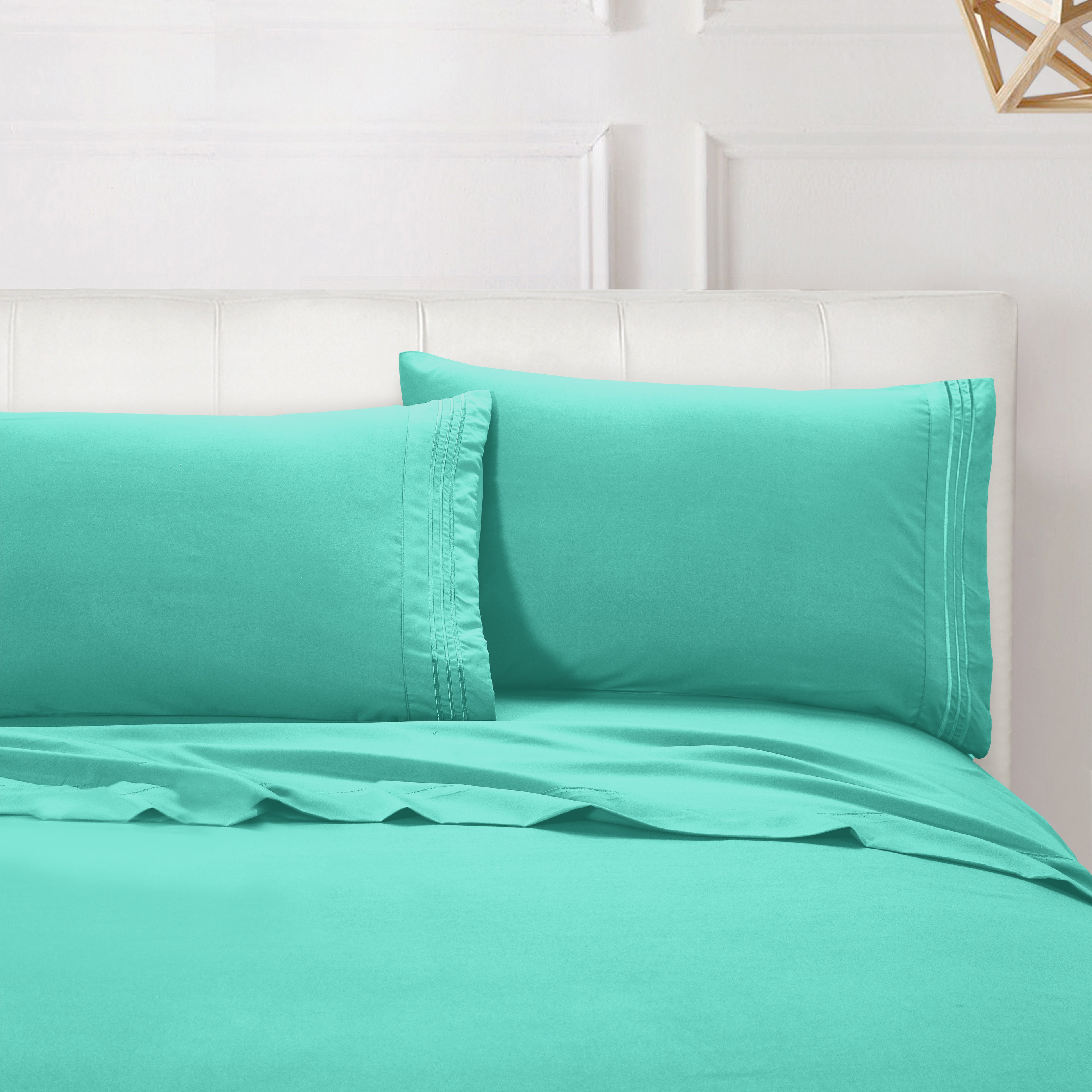 Essential Solid 3 Line Embroidery - Soft as a Hotel Premium Quality, 4-Piece Sheet Set, Bright Shades