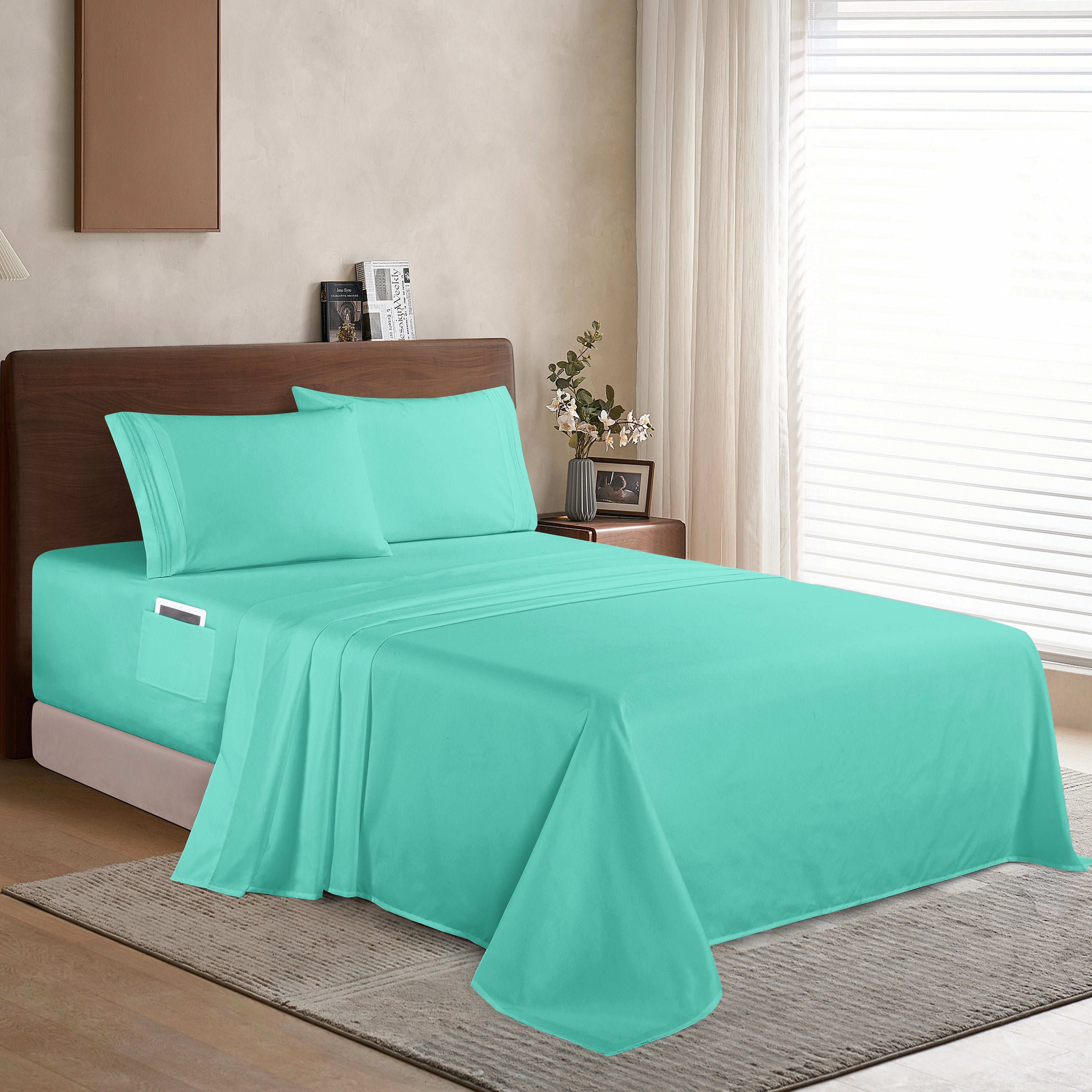 Extra deep 18-24 Inch Pocket 3 Line Embroidery, 4-Piece Sheet Set, Bright Shades