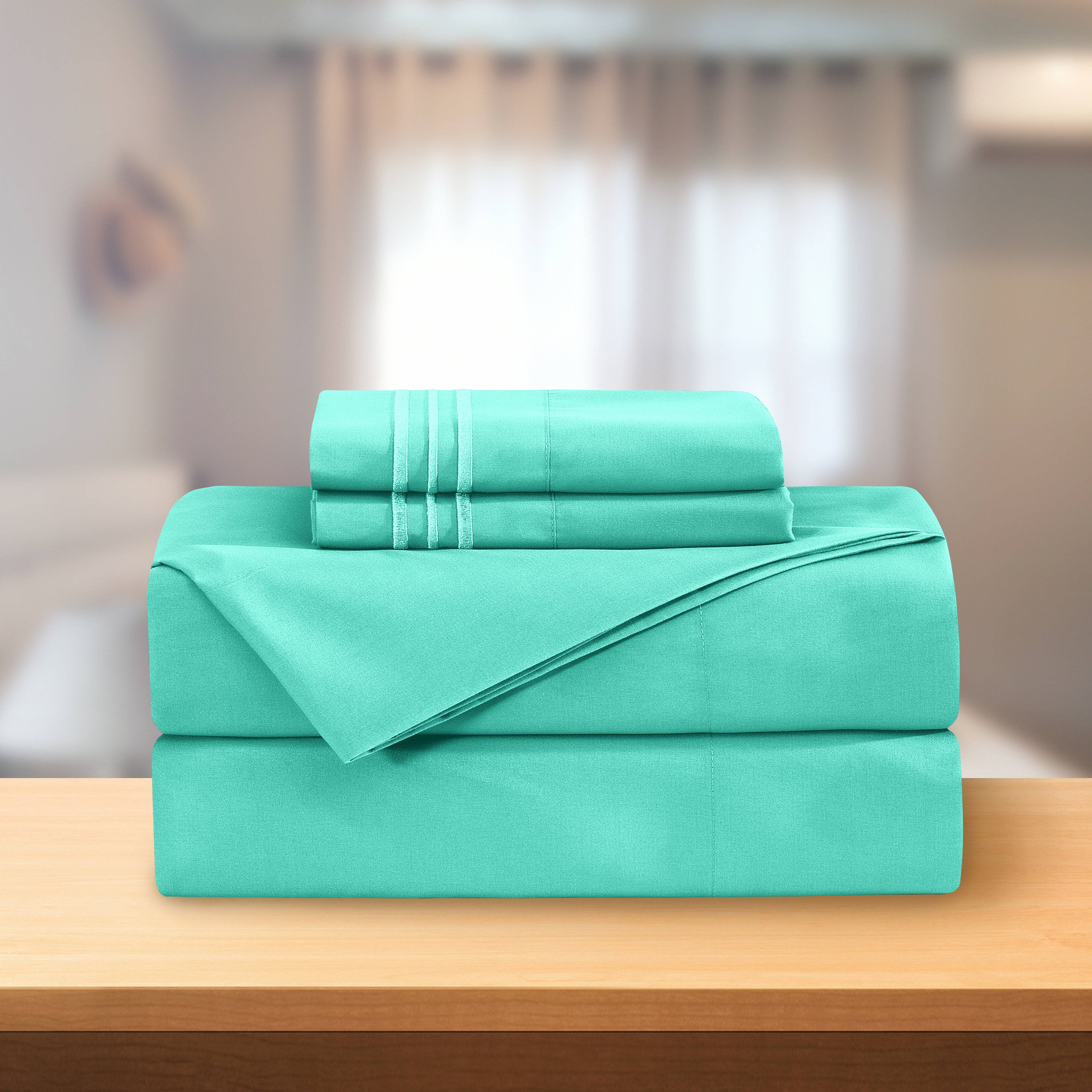 Essential Solid 3 Line Embroidery - Soft as a Hotel Premium Quality, 4-Piece Sheet Set, Bright Shades