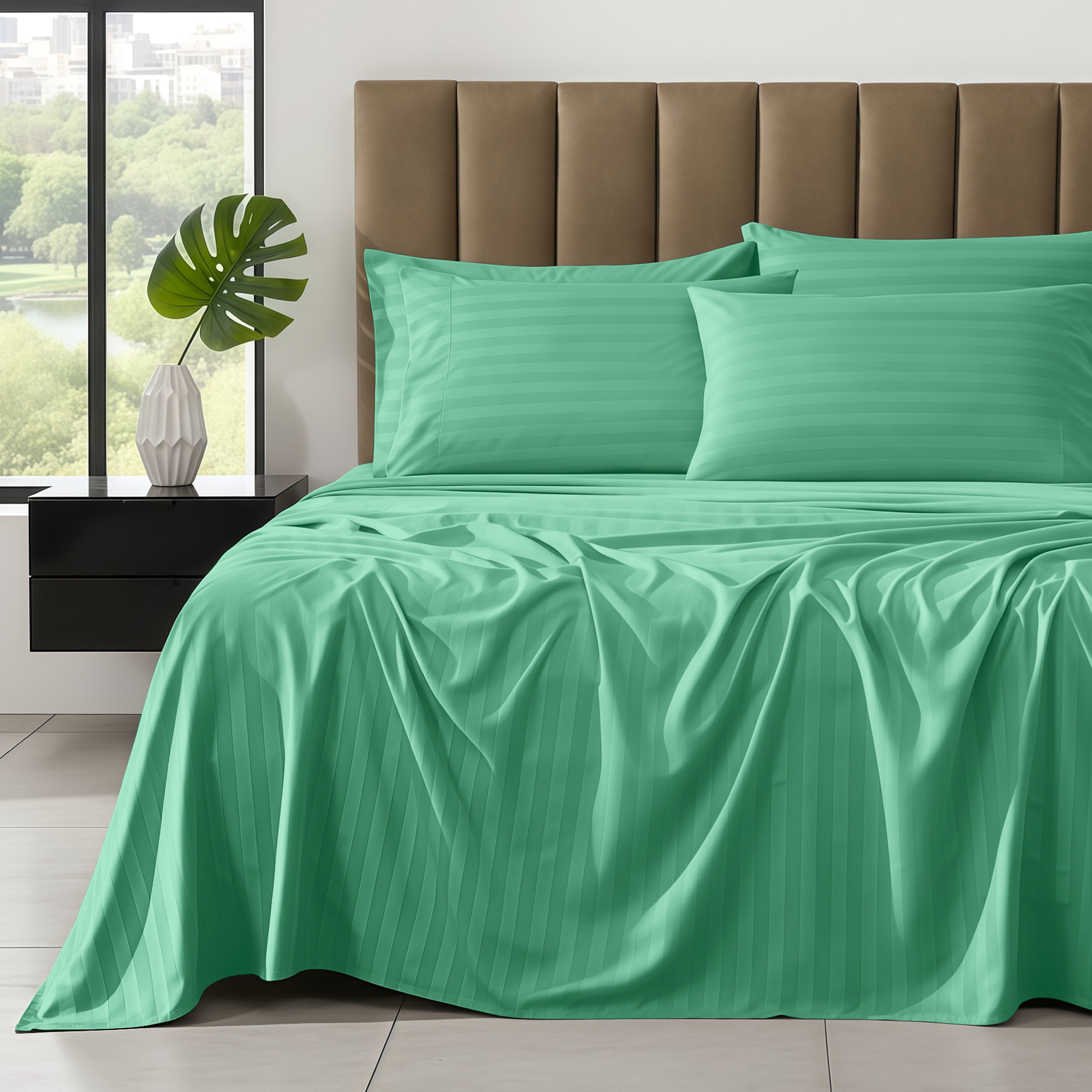 6-Piece Dobby Stripe Printed Bed Sheet Set- Soft as a Hotel Premium Quality