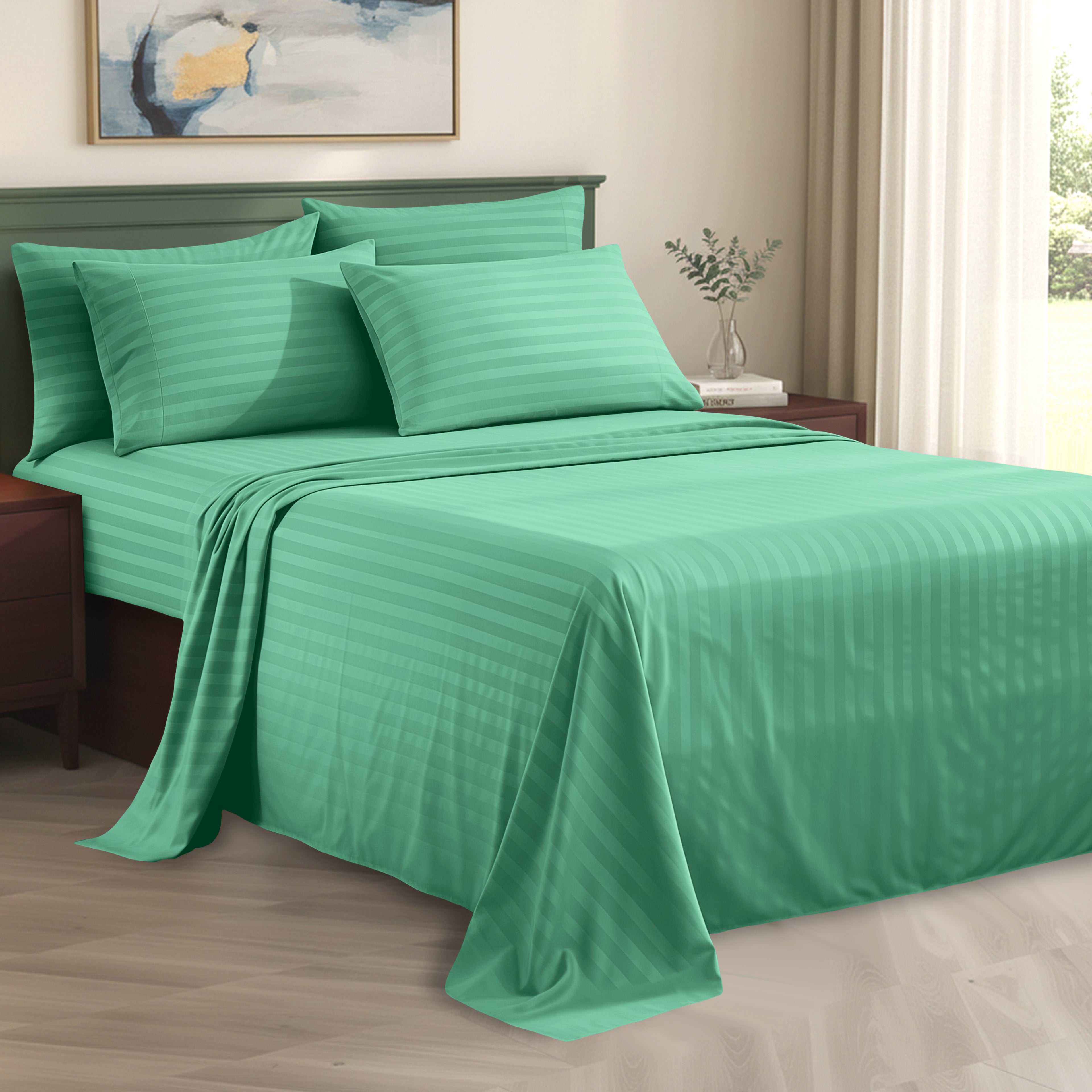 6-Piece Dobby Stripe Printed Bed Sheet Set- Soft as a Hotel Premium Quality