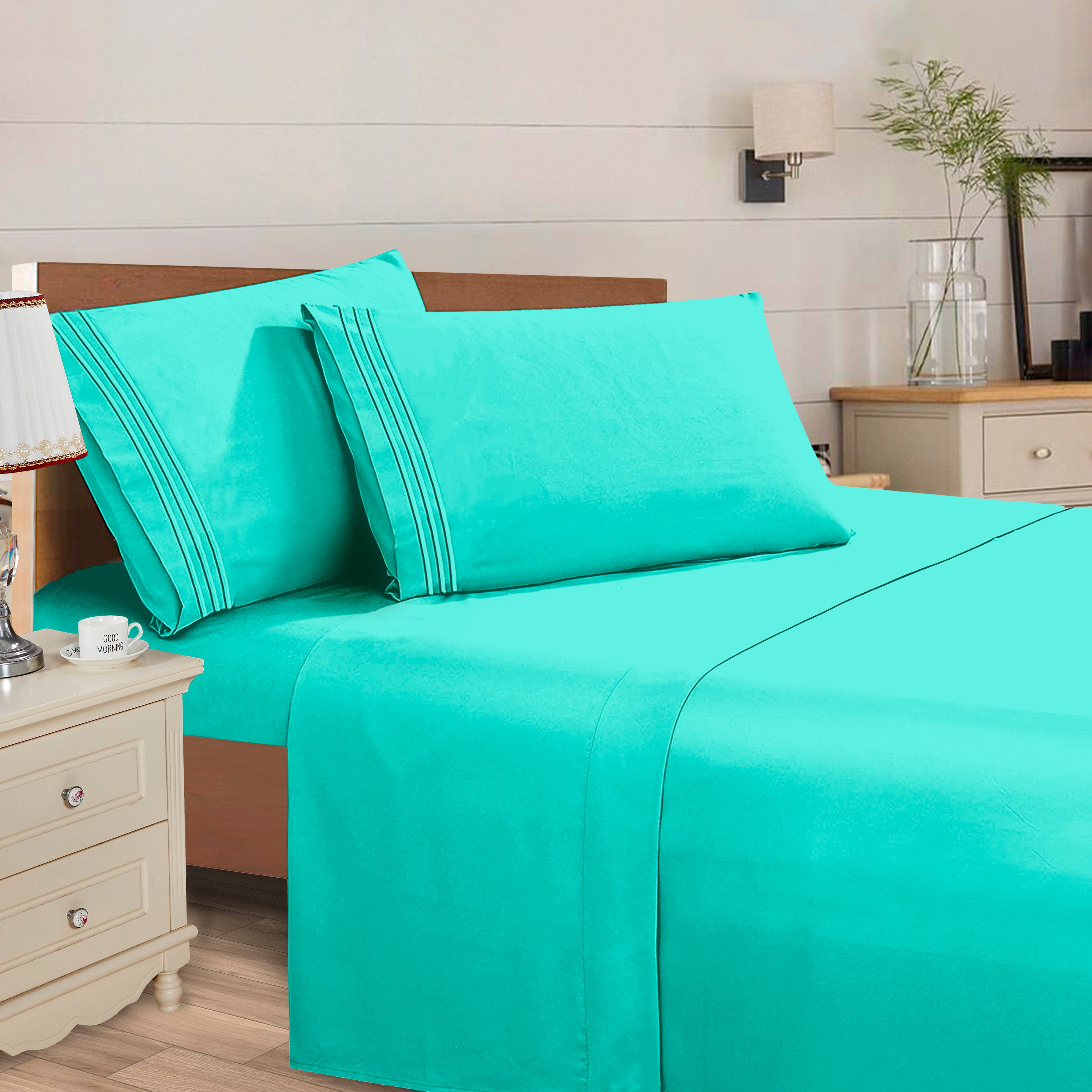 Essential Solid 3 Line Embroidery - Soft as a Hotel Premium Quality, 4-Piece Sheet Set, Bright Shades