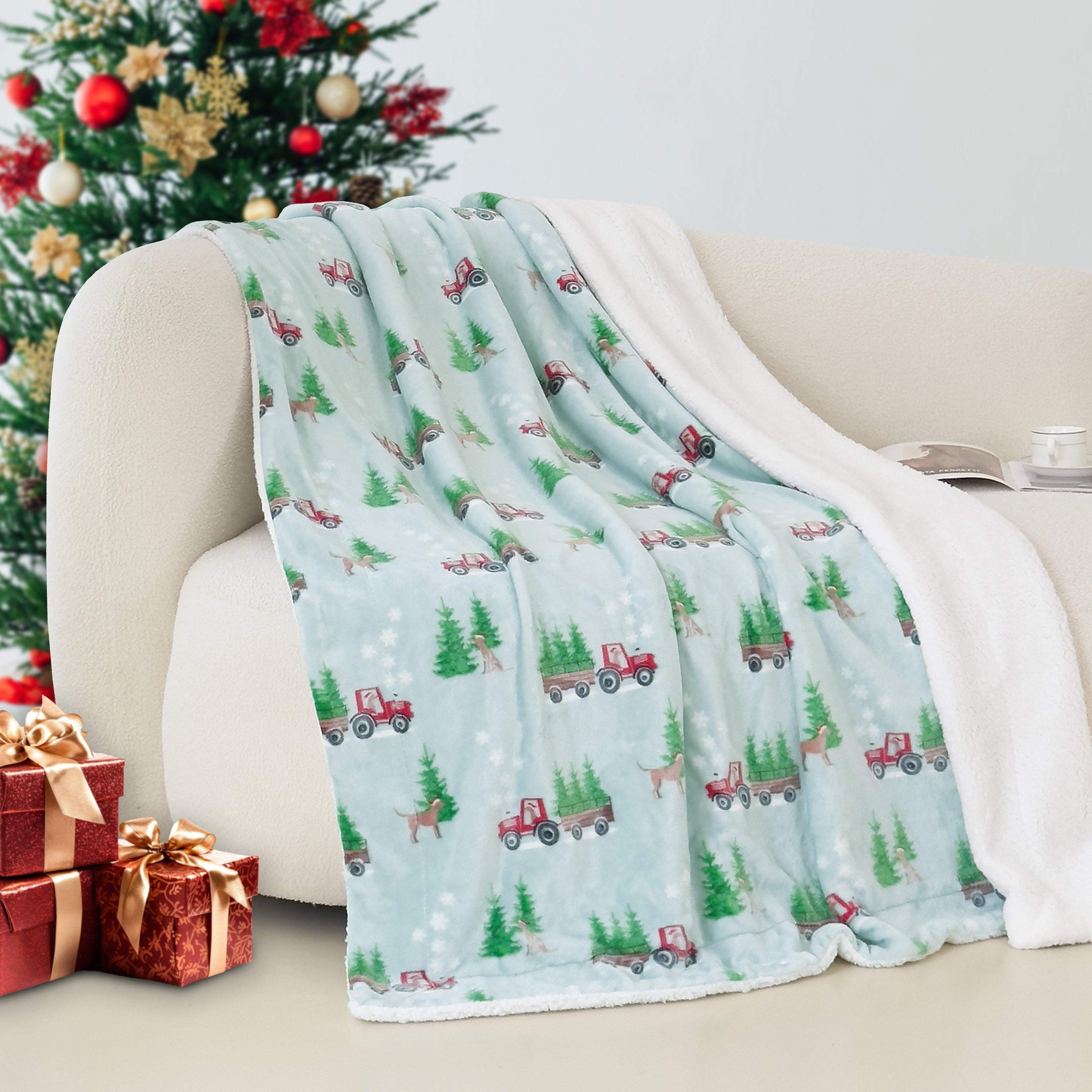 Christmas Sherpa Throw with Flannel Fleece - 50 x 60 inches