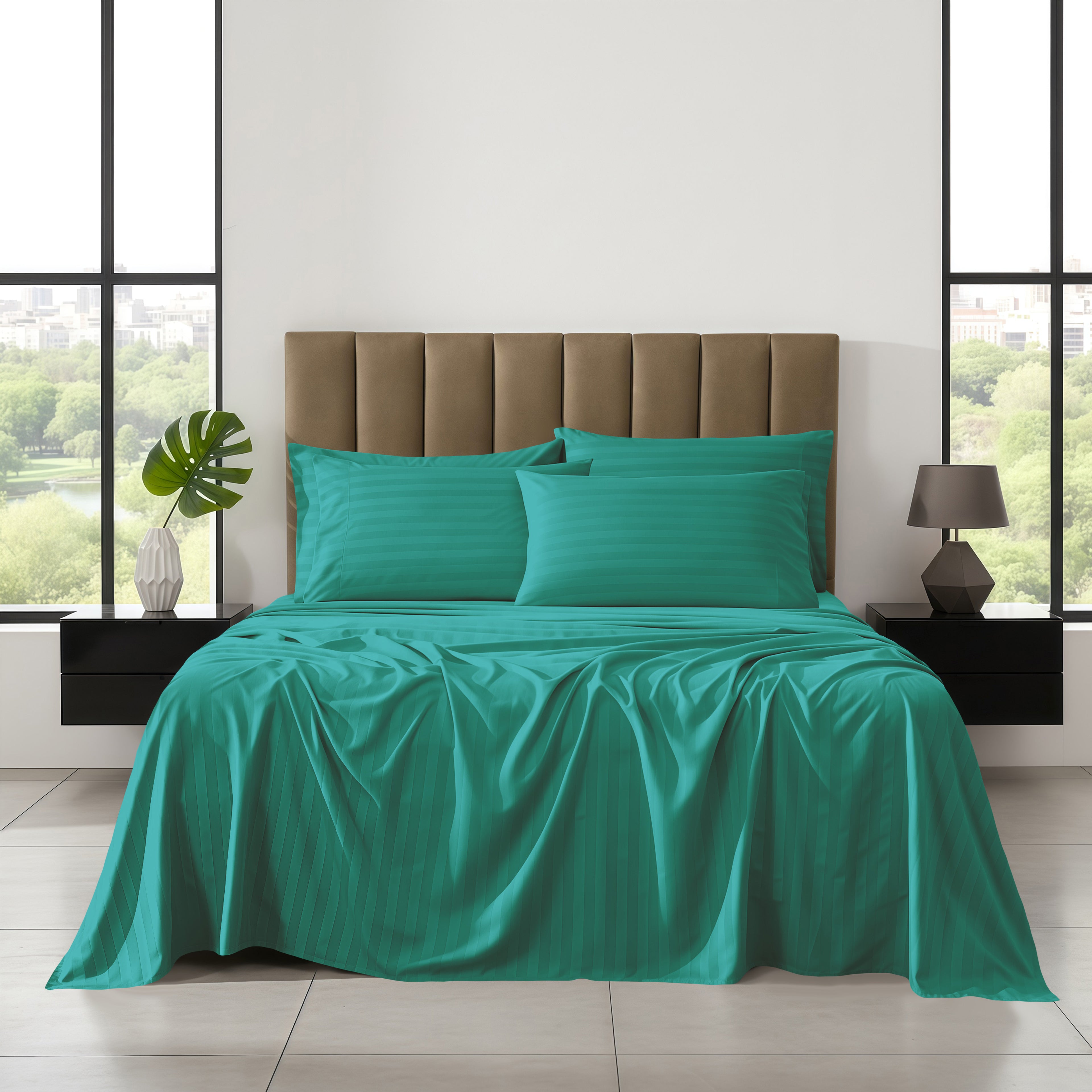 6-Piece Dobby Stripe Printed Bed Sheet Set- Soft as a Hotel Premium Quality