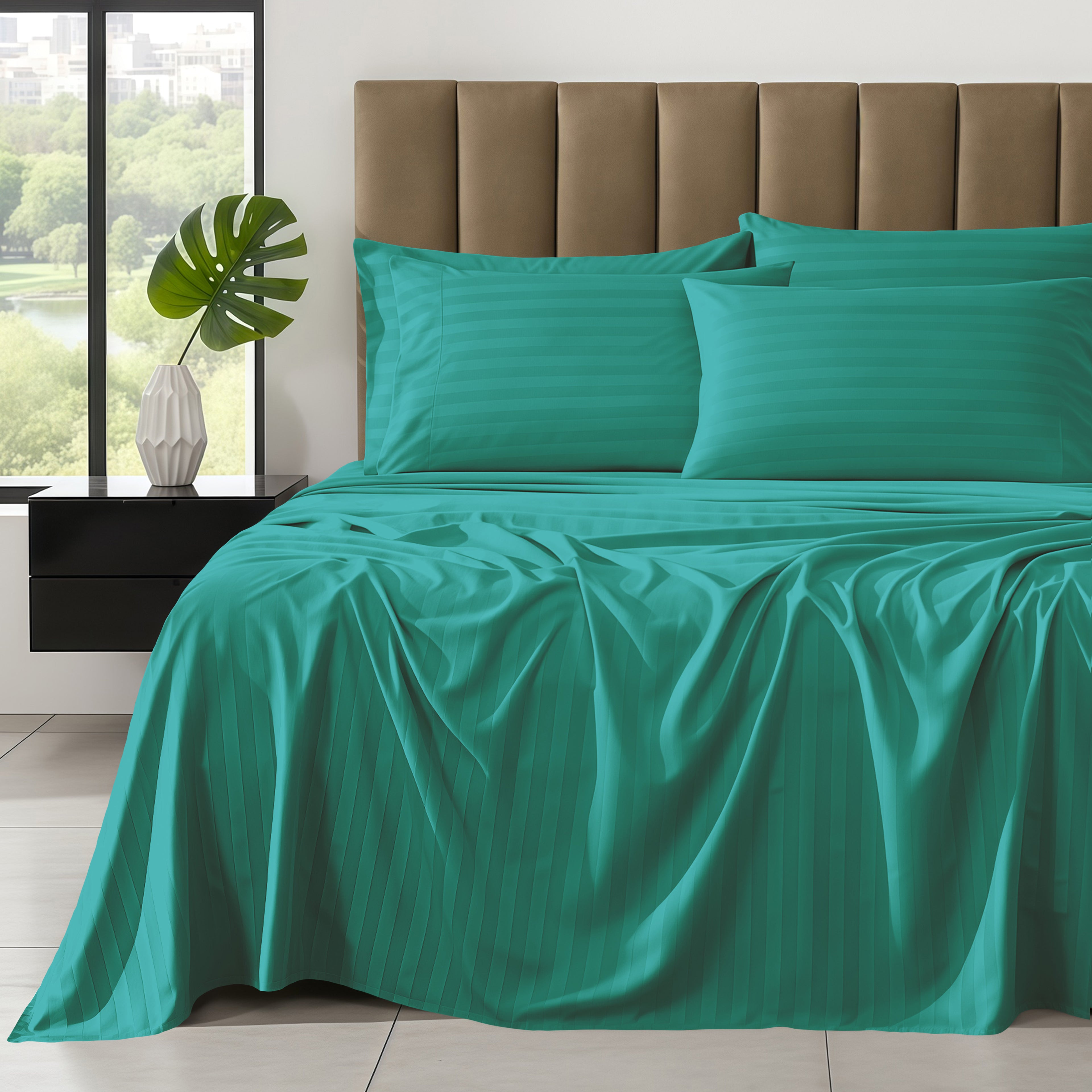 6-Piece Dobby Stripe Printed Bed Sheet Set- Soft as a Hotel Premium Quality