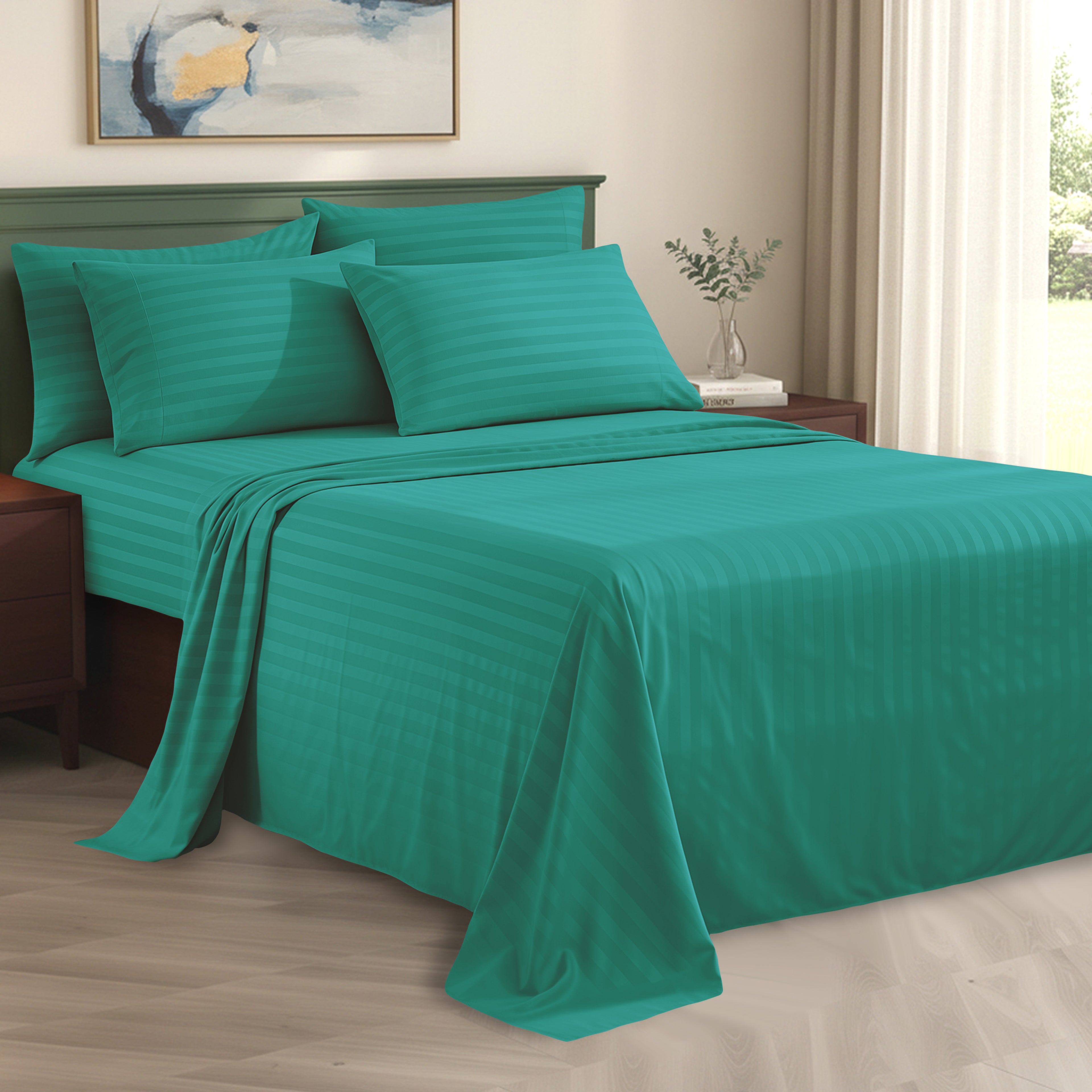 6-Piece Dobby Stripe Printed Bed Sheet Set- Soft as a Hotel Premium Quality