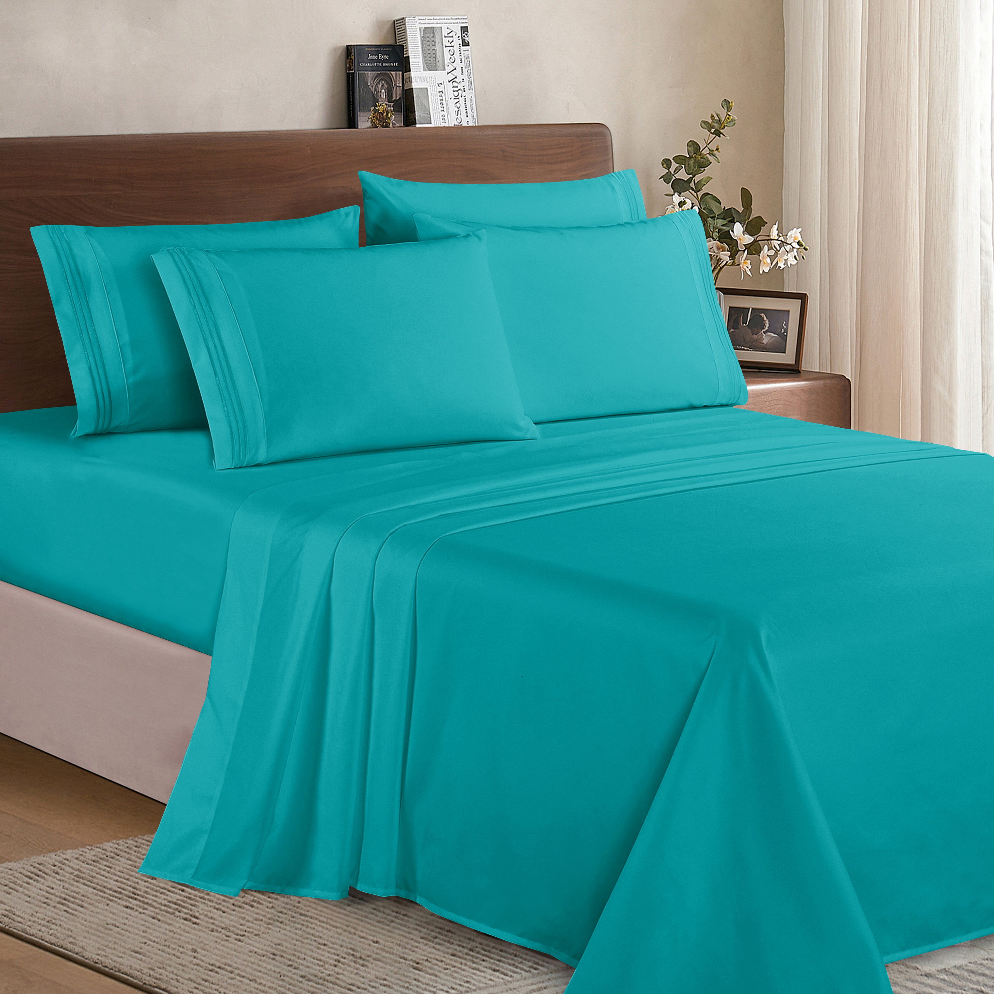 Essential 6-Piece 3-Line Embroidery Sheet Set, Soft as a Hotel Premium Quality,  Moody Shades