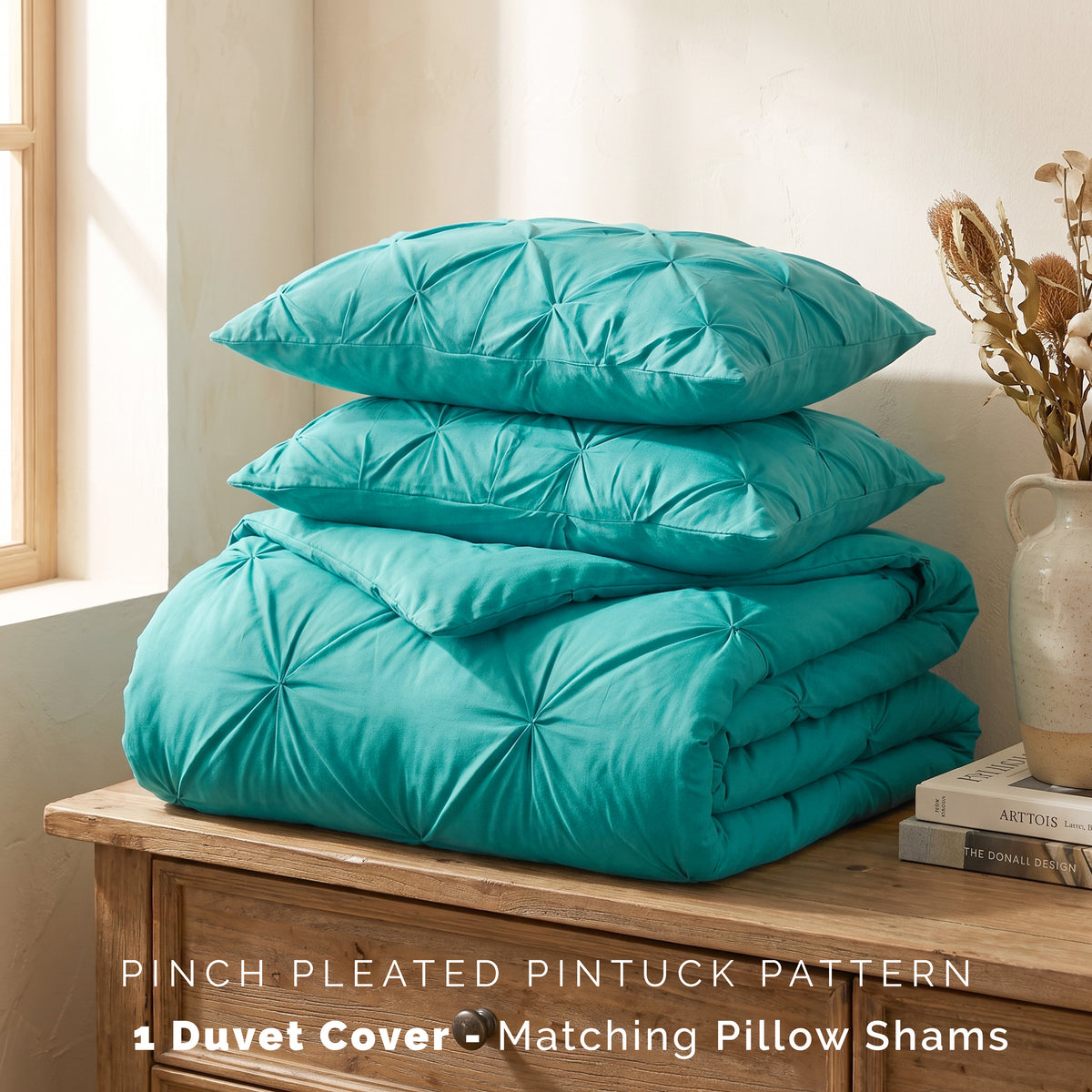 Pinch Pleated Pintuck Pattern, 3-Piece Duvet Cover Set - Features Corner Ties