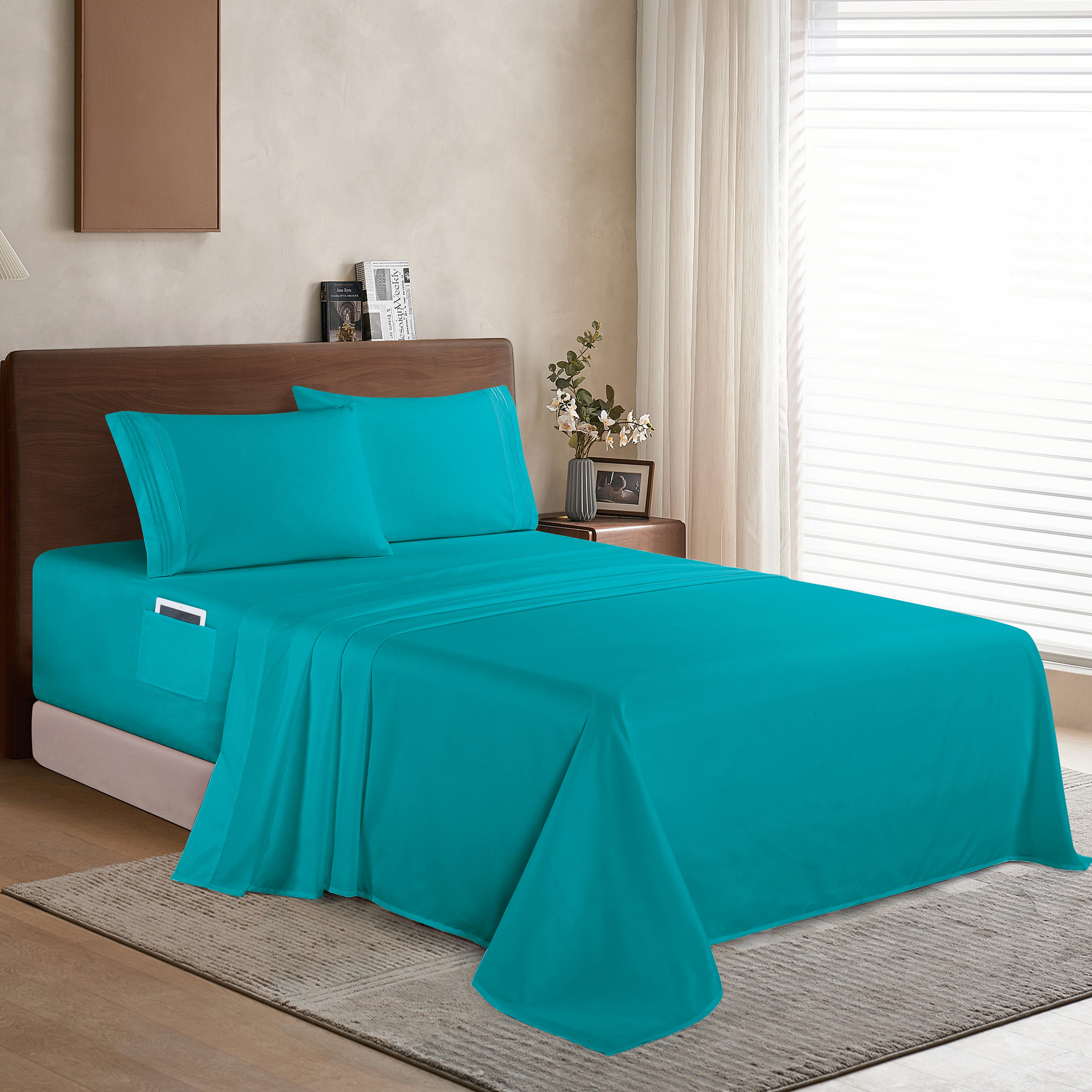 Extra deep 18-24 Inch Pocket 3 Line Embroidery, 4-Piece Sheet Set, Moody Shades