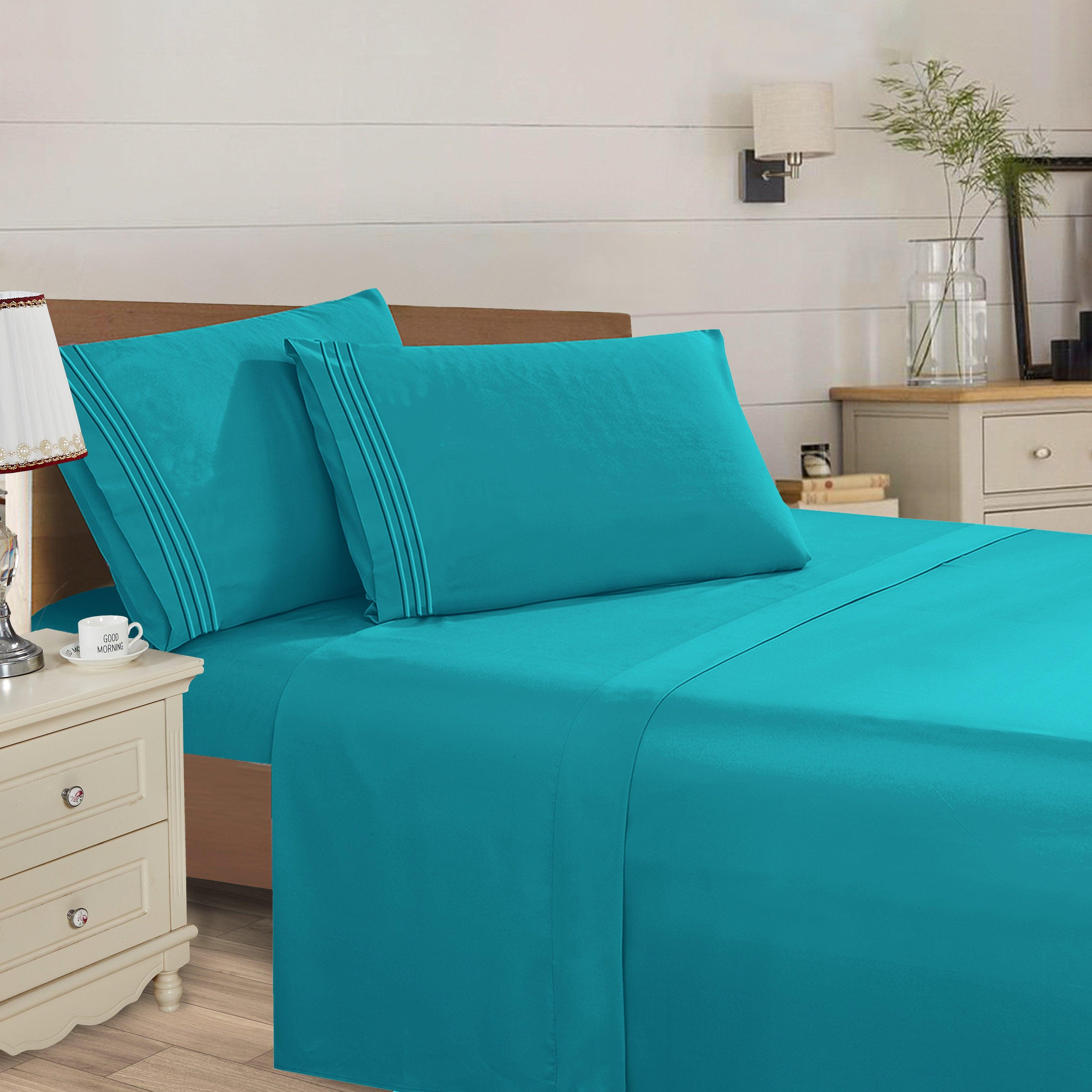 Essential 4-Piece 3-Line Embroidery Sheet Set, Soft as a Hotel Premium Quality,  Moody Shades