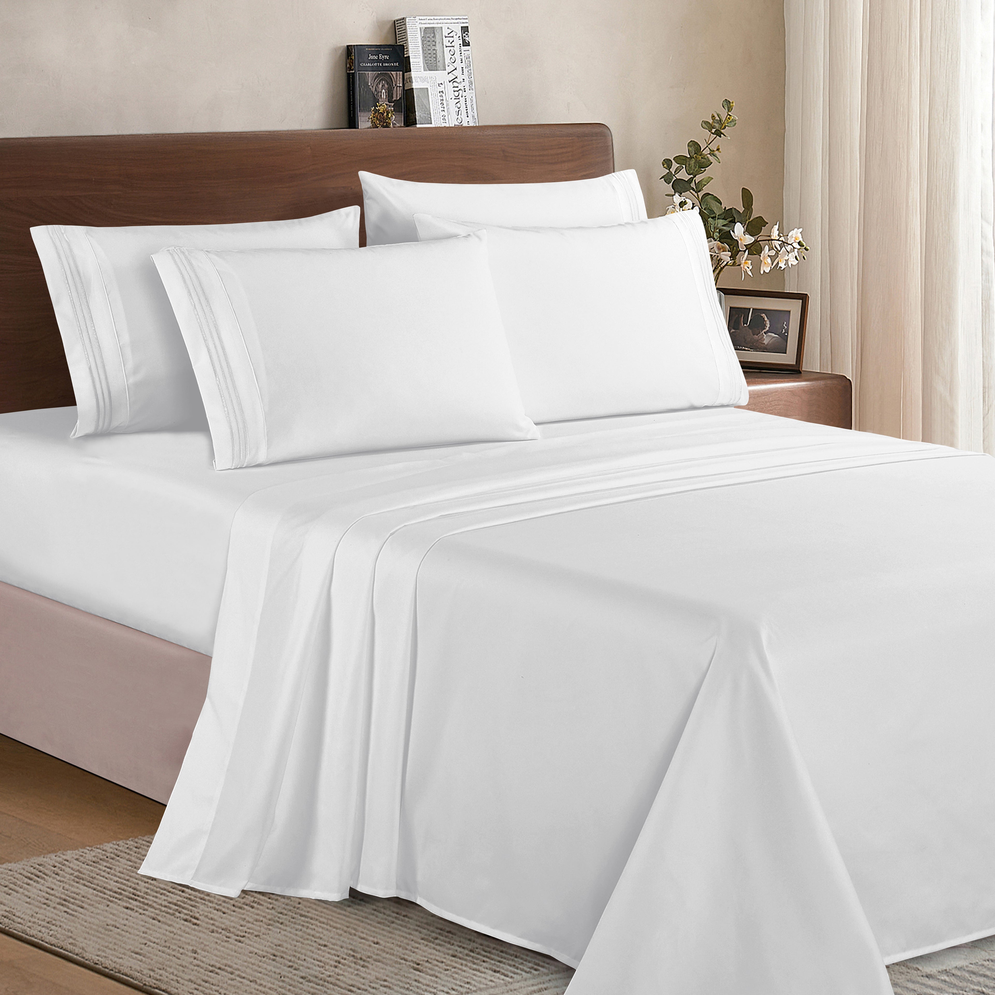 Essential 6-Piece 3-Line Embroidery Sheet Set, Soft as a Hotel Premium Quality, Bright Shades