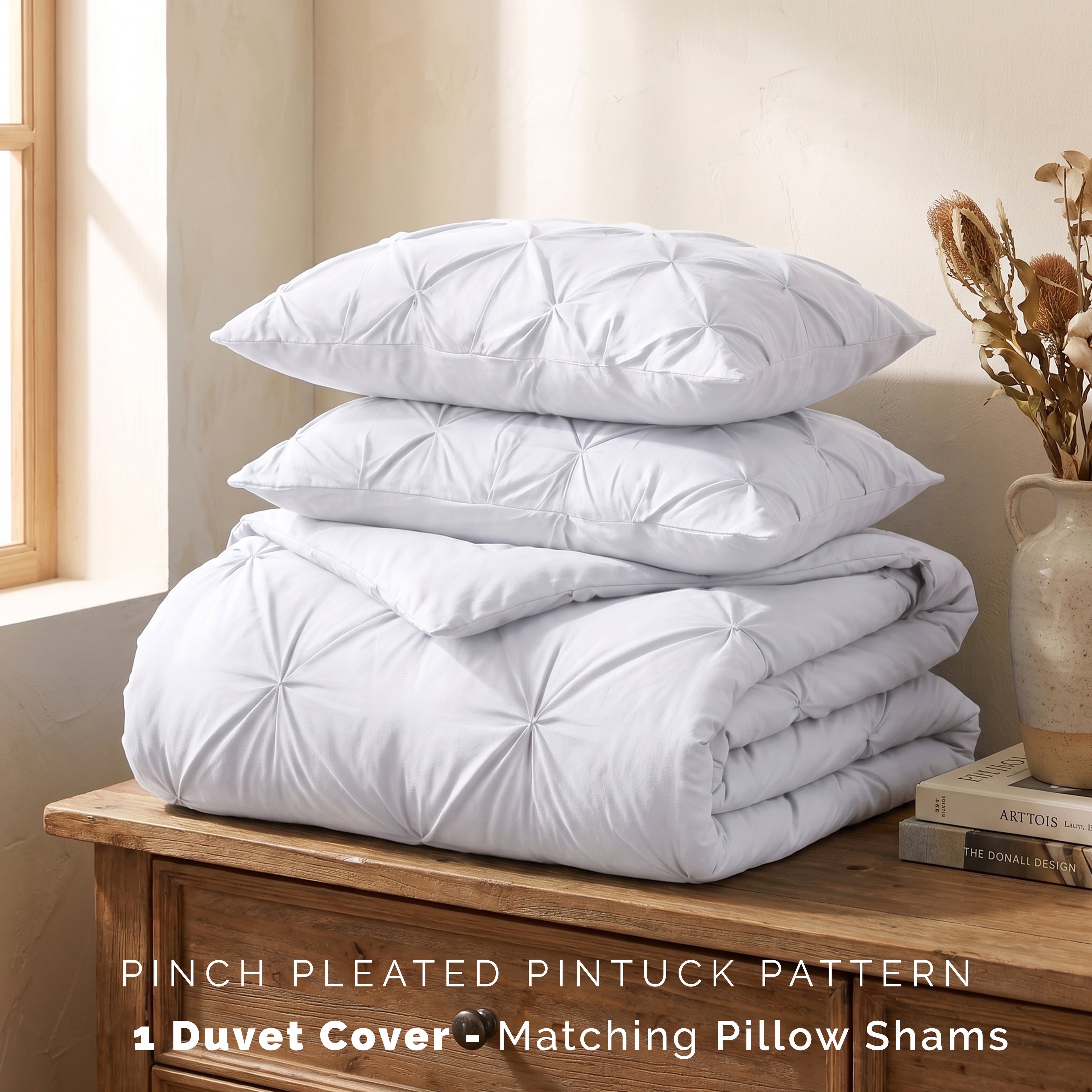 Pinch Pleated Pintuck Pattern, 3-Piece Duvet Cover Set - Features Corner Ties