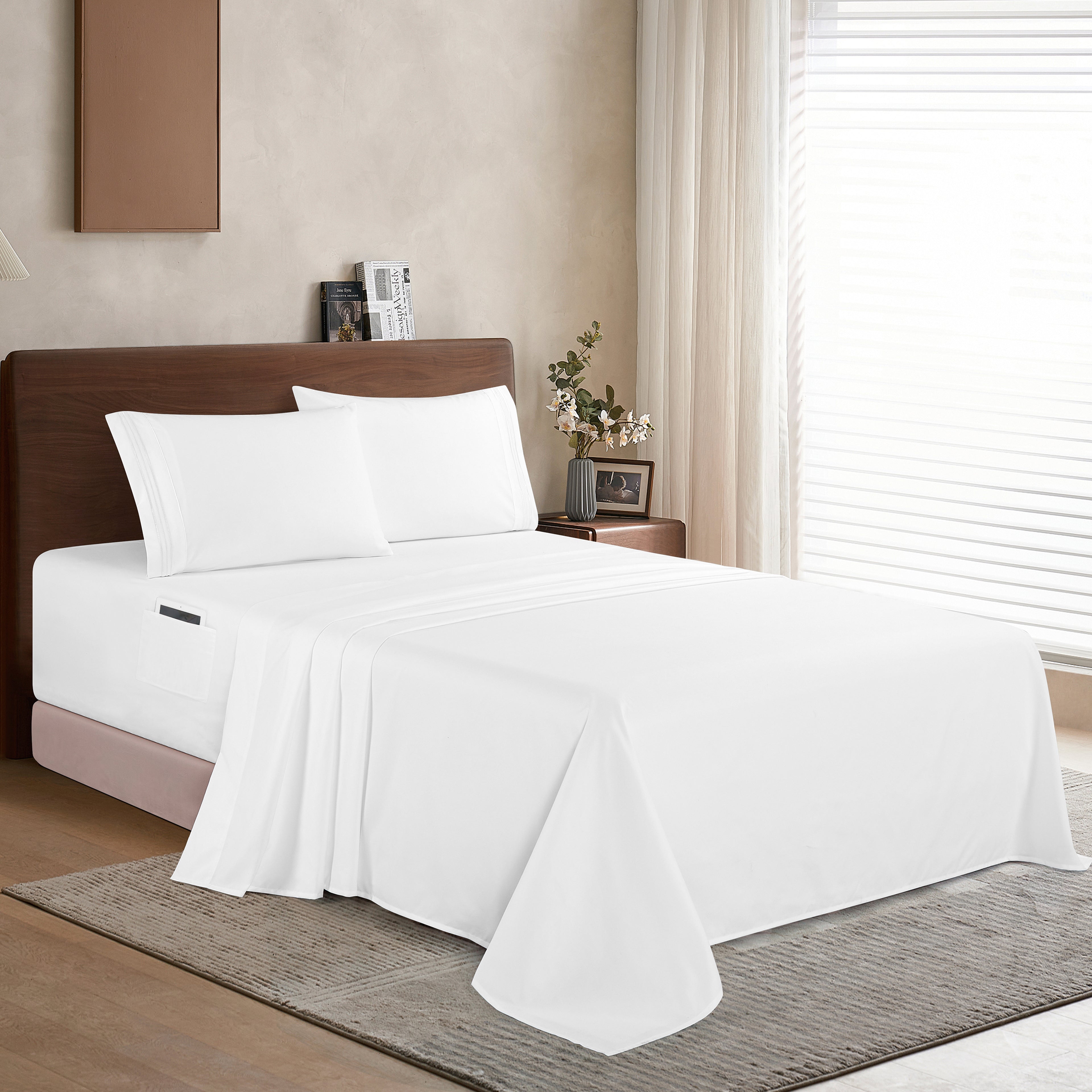 Extra deep 18-24 Inch Pocket 3 Line Embroidery, 4-Piece Sheet Set, Bright Shades