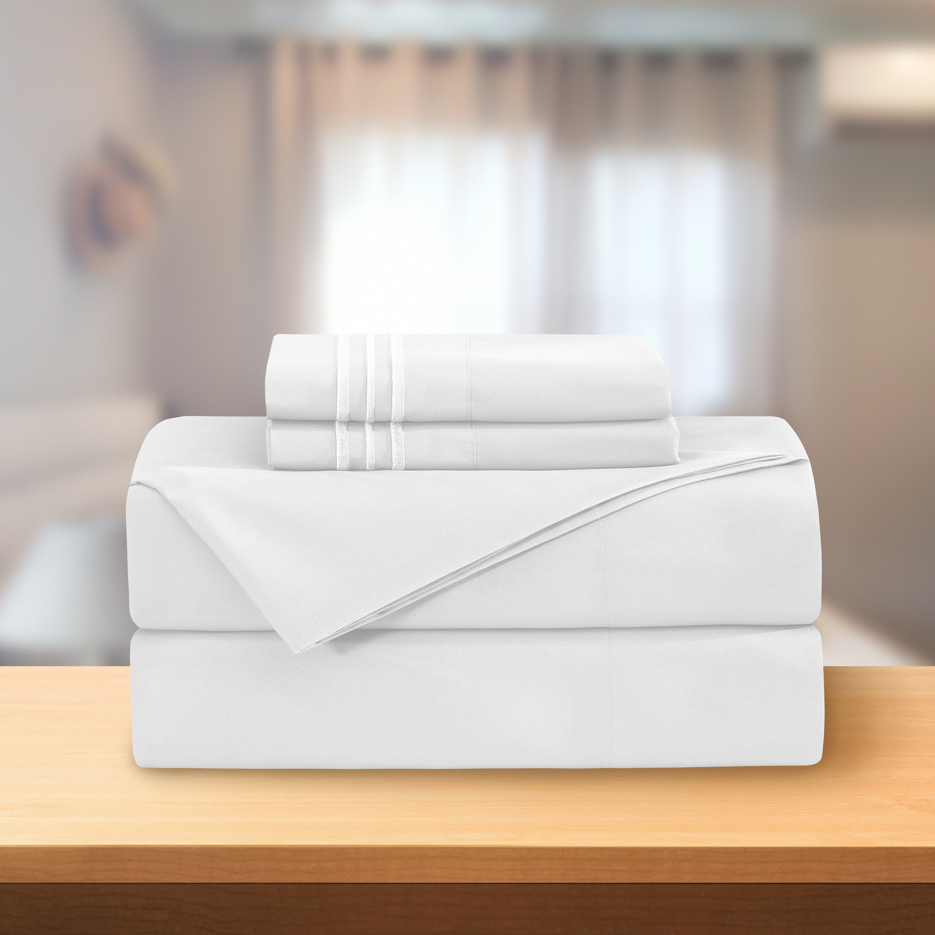 Essential Solid 3 Line Embroidery - Soft as a Hotel Premium Quality, 4-Piece Sheet Set, Bright Shades