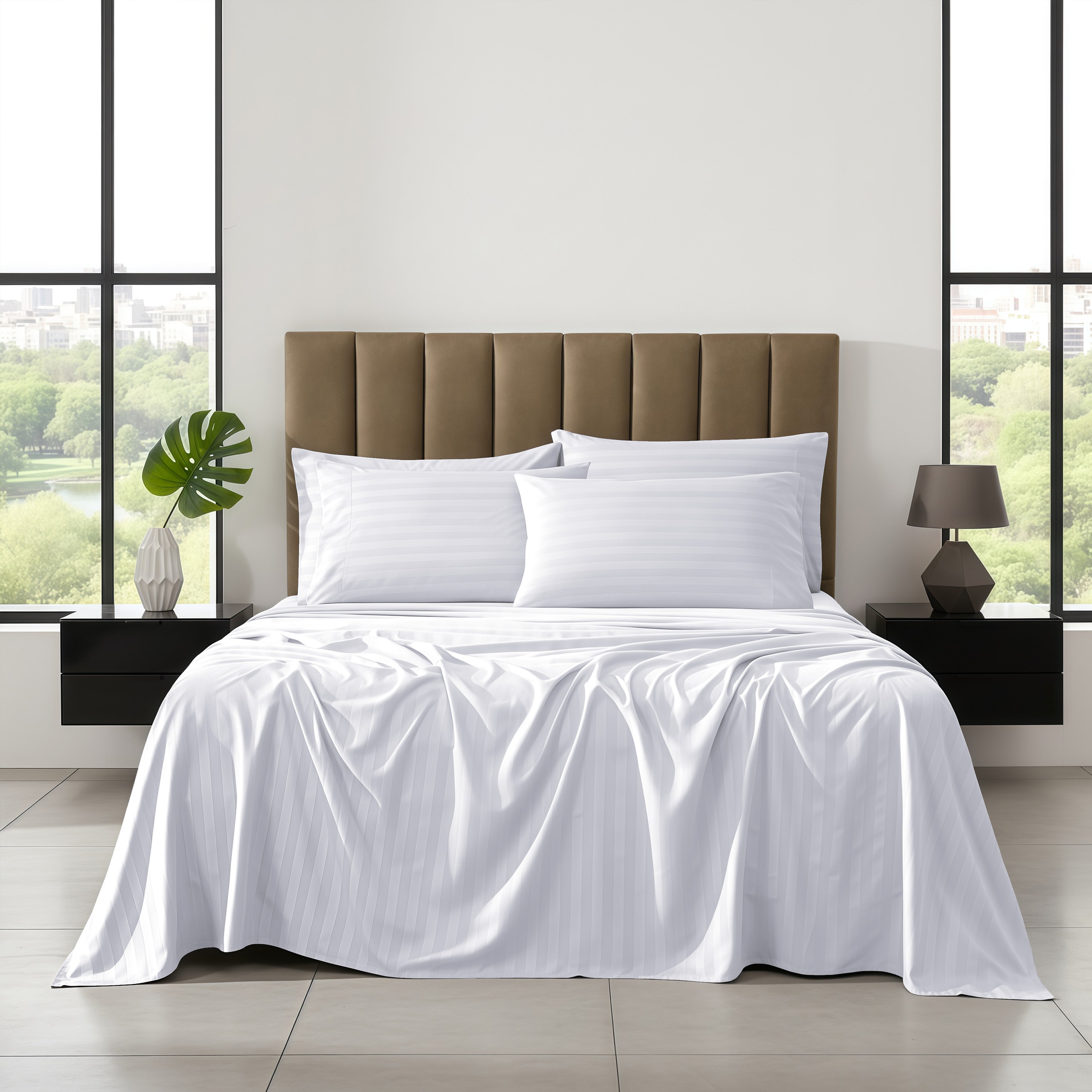 6-Piece Dobby Stripe Printed Bed Sheet Set- Soft as a Hotel Premium Quality
