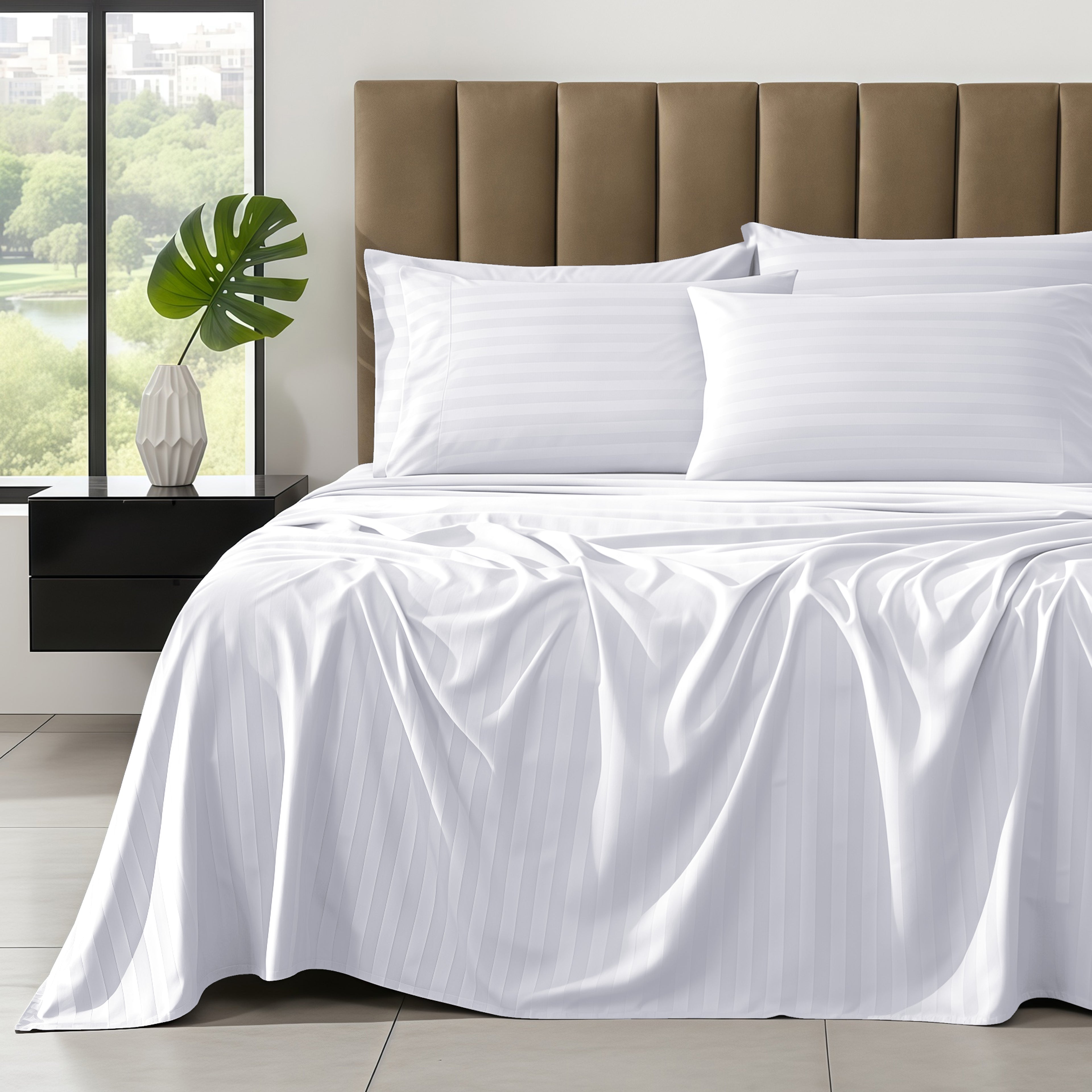 6-Piece Dobby Stripe Printed Bed Sheet Set- Soft as a Hotel Premium Quality