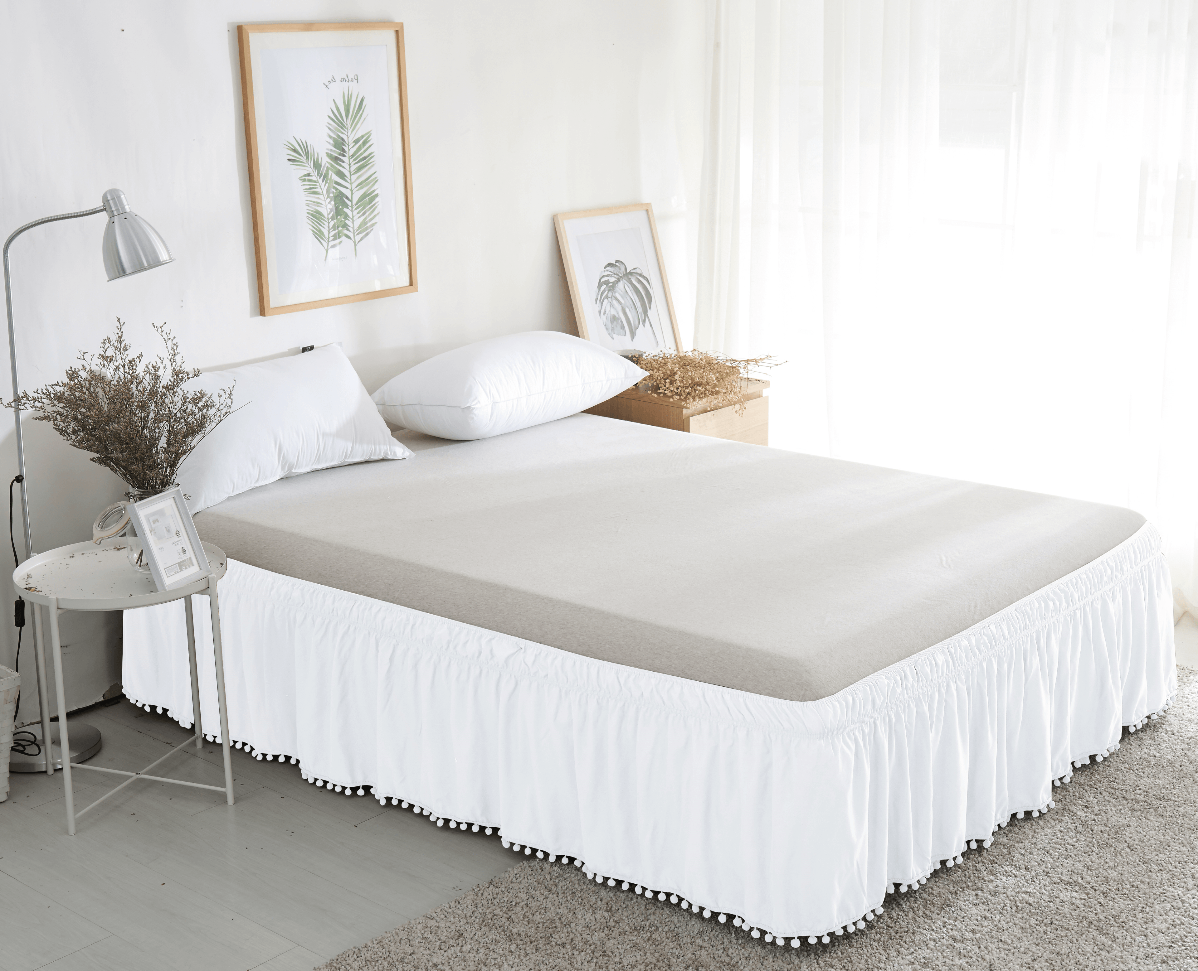 1-Piece Top-Knot Tassel Pompom Fringe Ruffle Bed Skirt - Around Style Elastic Bed Wrap - 16 inch Drop