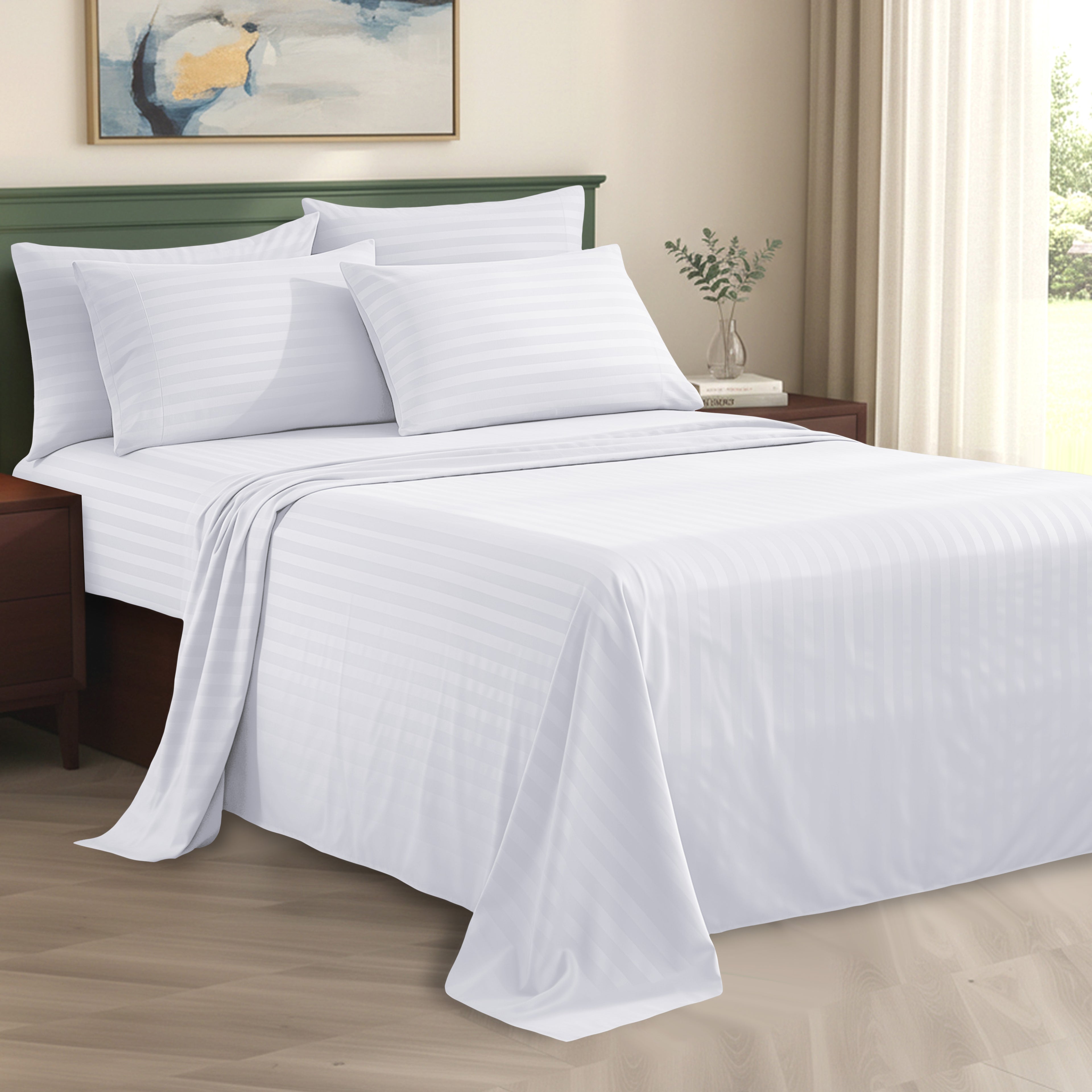 6-Piece Dobby Stripe Printed Bed Sheet Set- Soft as a Hotel Premium Quality