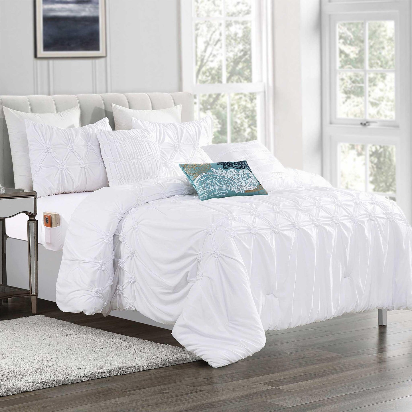 Elegant Comfort 12-Piece Ella Pleated Ruched Pintuck Comforter Set, Includes 6-Piece Sheet Set with Double Sided Storage Pockets