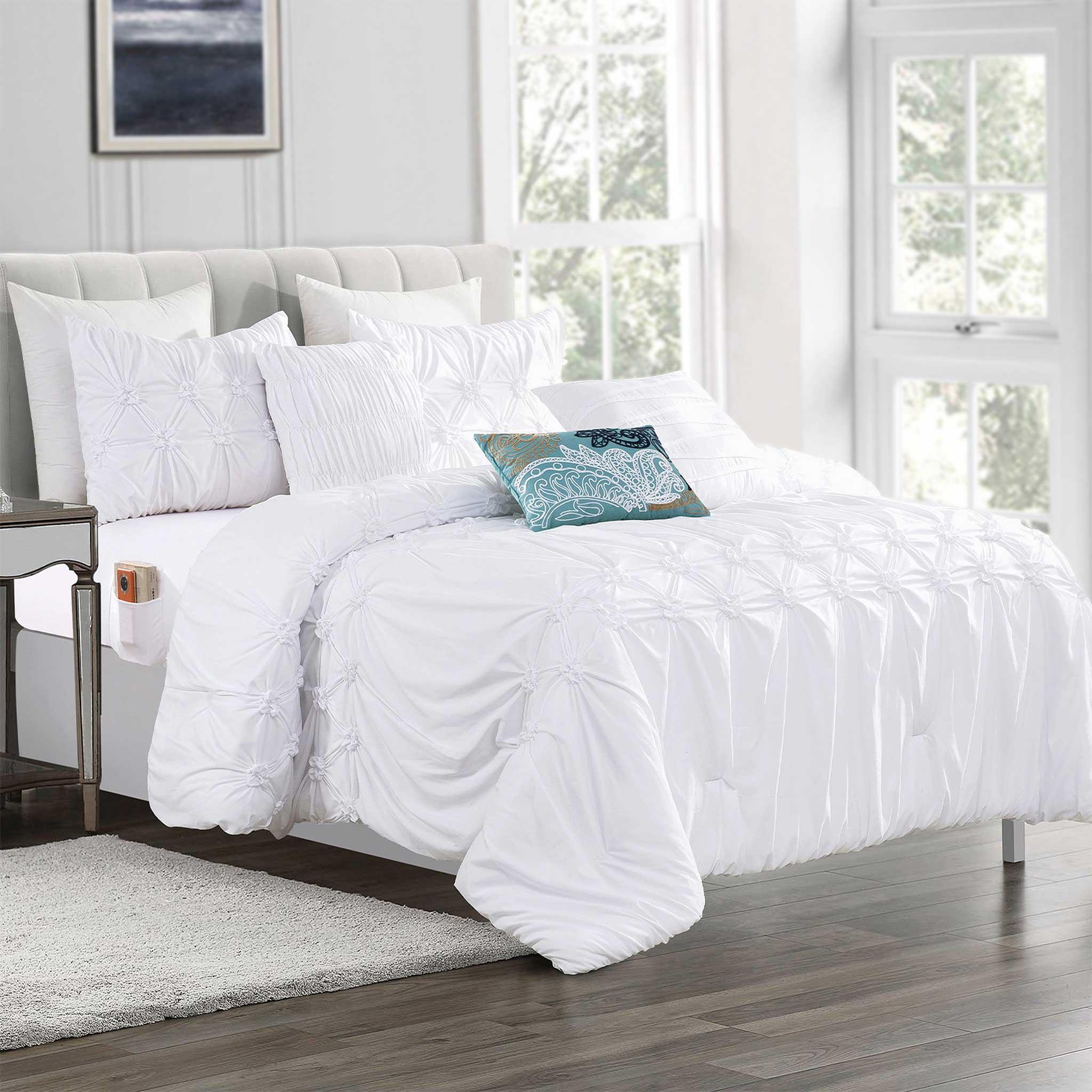 12-Piece Ella Pleated Ruched Pintuck Comforter Set, Includes 6-Piece Sheet Set with Double Sided Storage Pockets