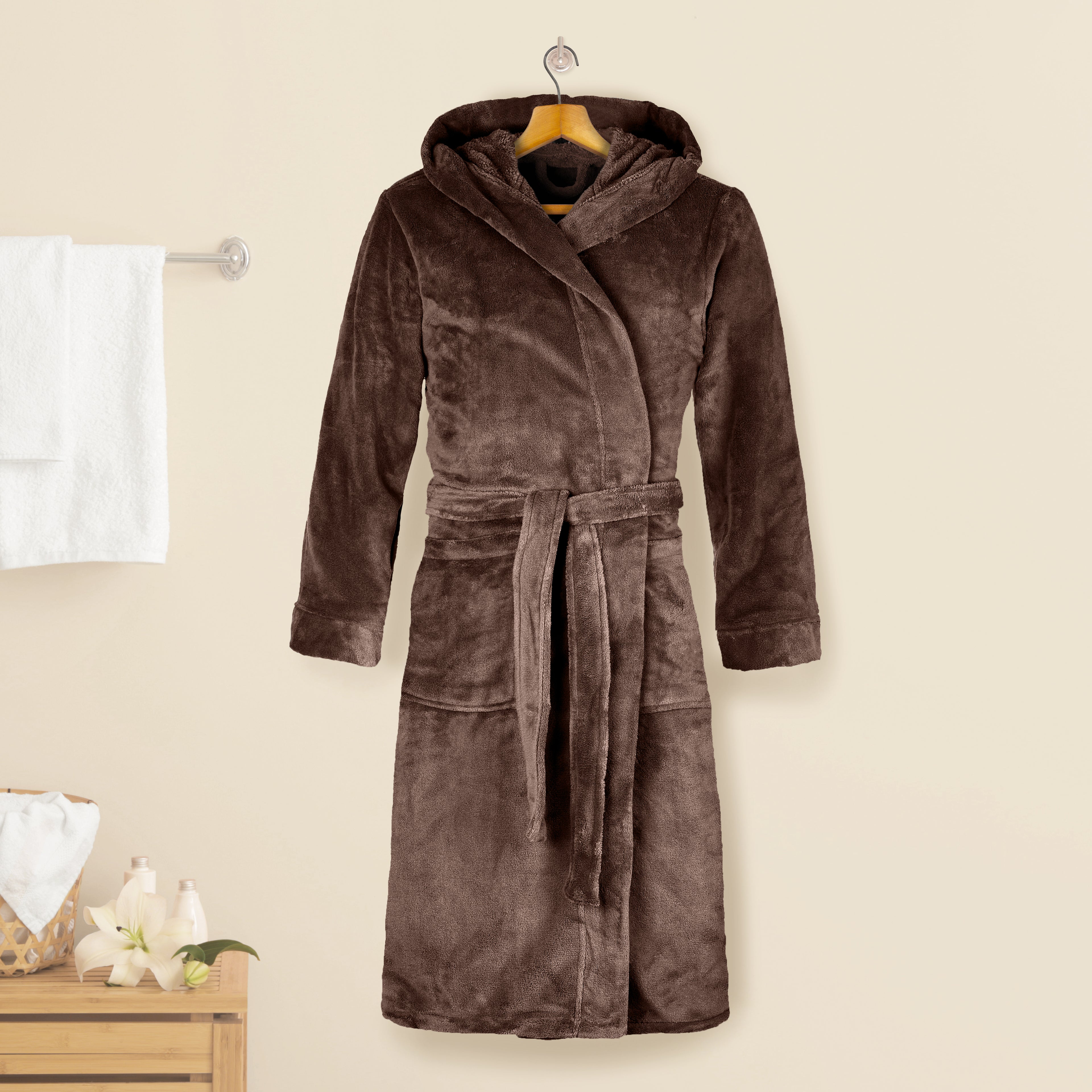 Women Hooded Velvet Fleece Long Bathrobe