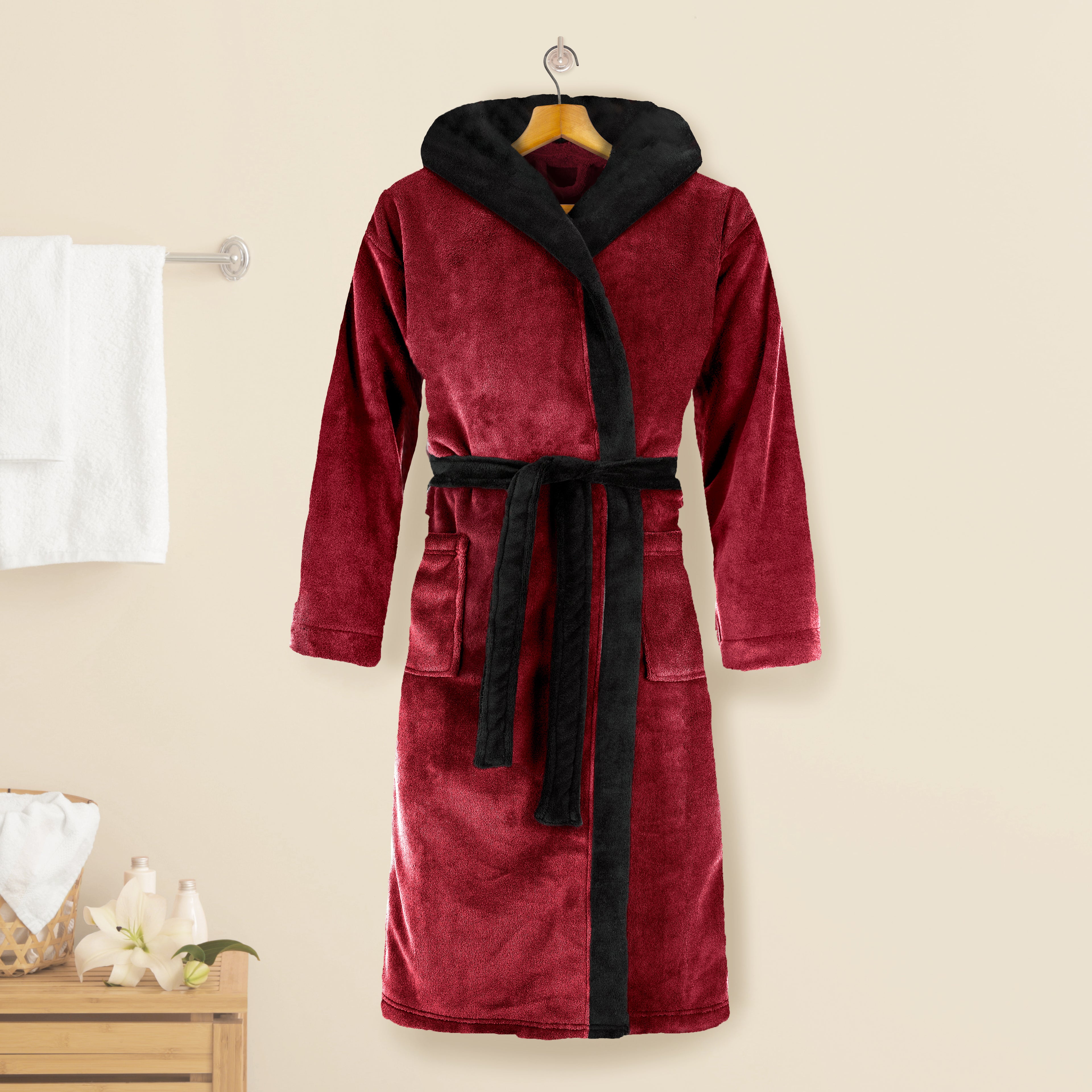 Women Hooded Velvet Fleece Long Bathrobe