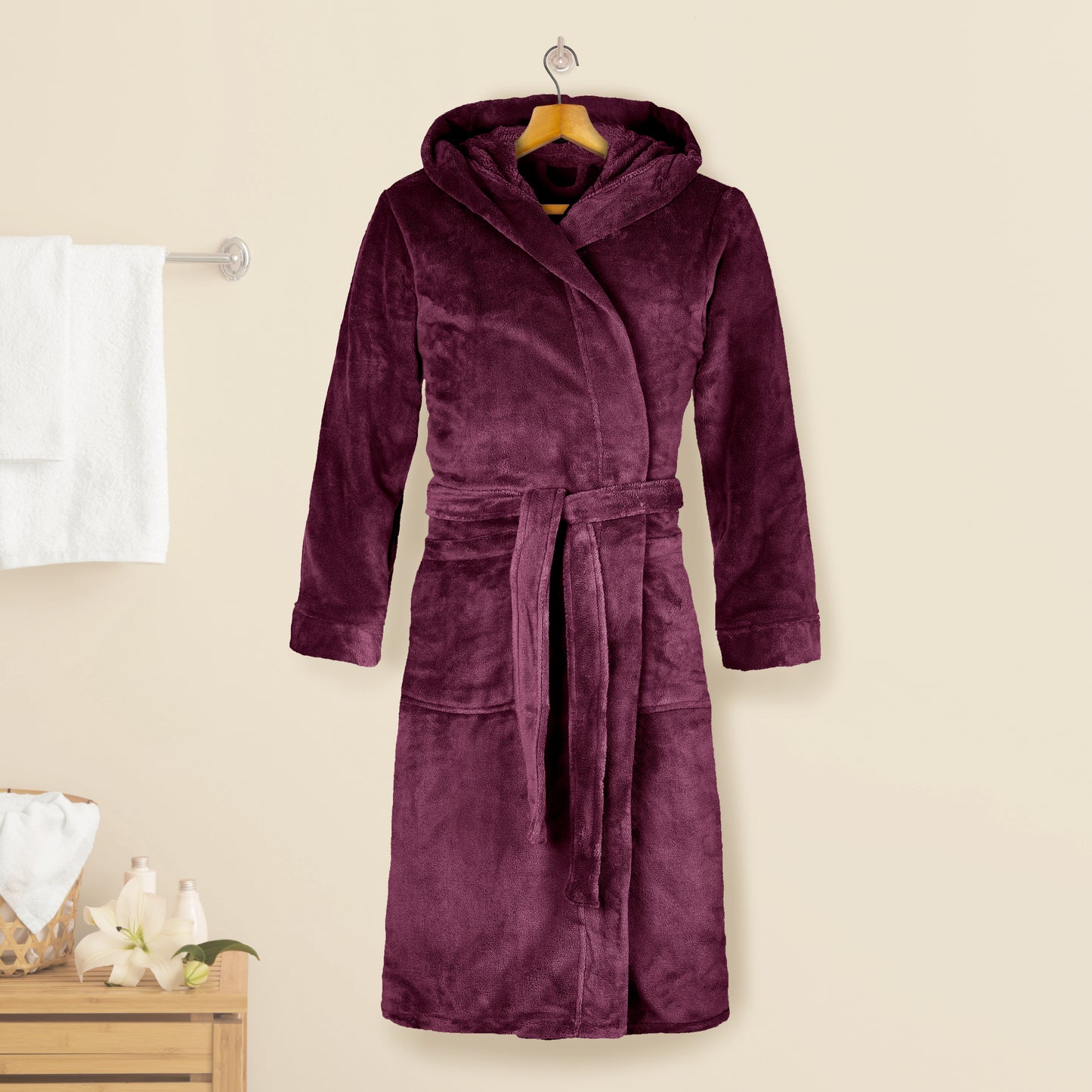 Elegant Comfort Women Hooded Velvet Fleece Long Bathrobe