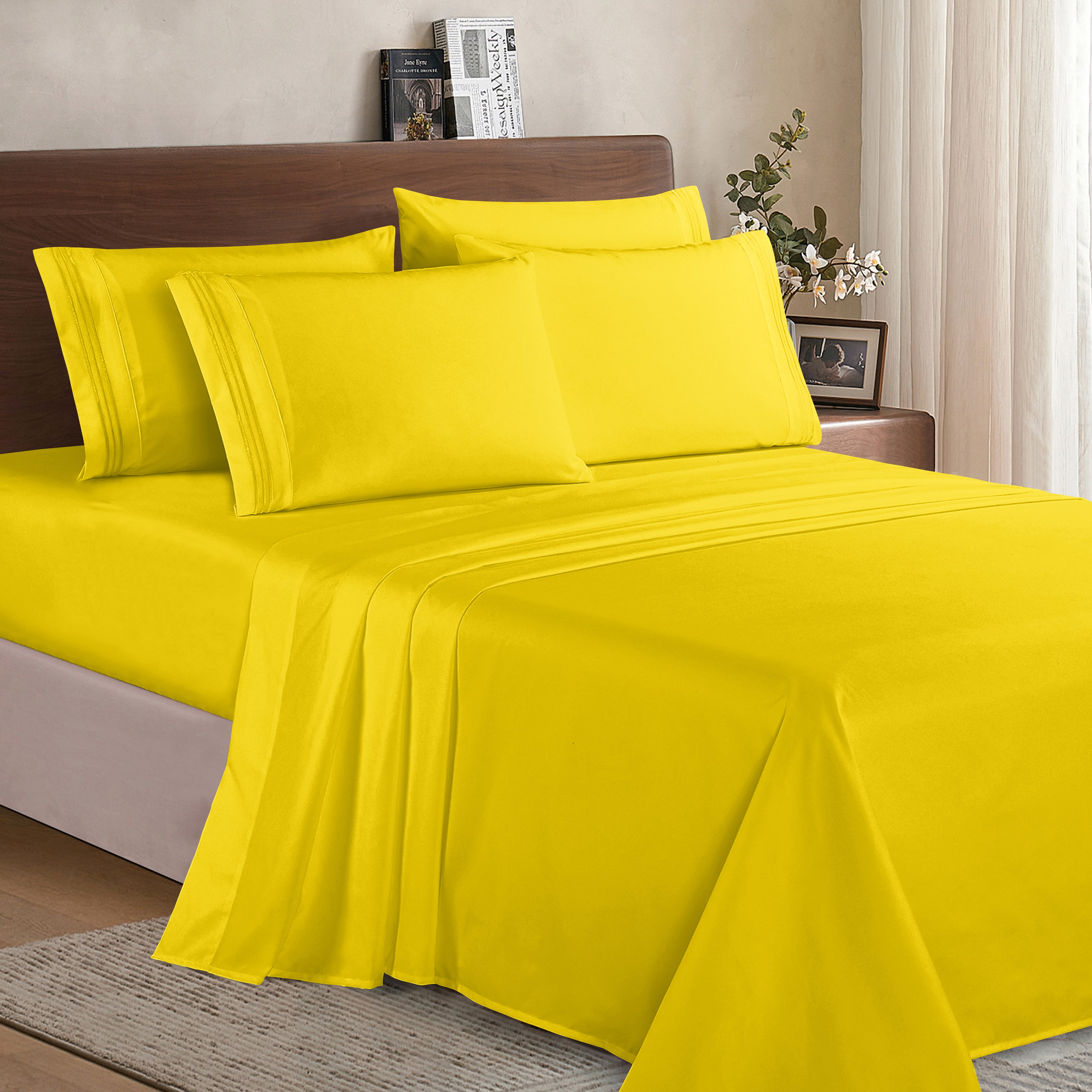 Essential 6-Piece 3-Line Embroidery Sheet Set, Soft as a Hotel Premium Quality, Bright Shades