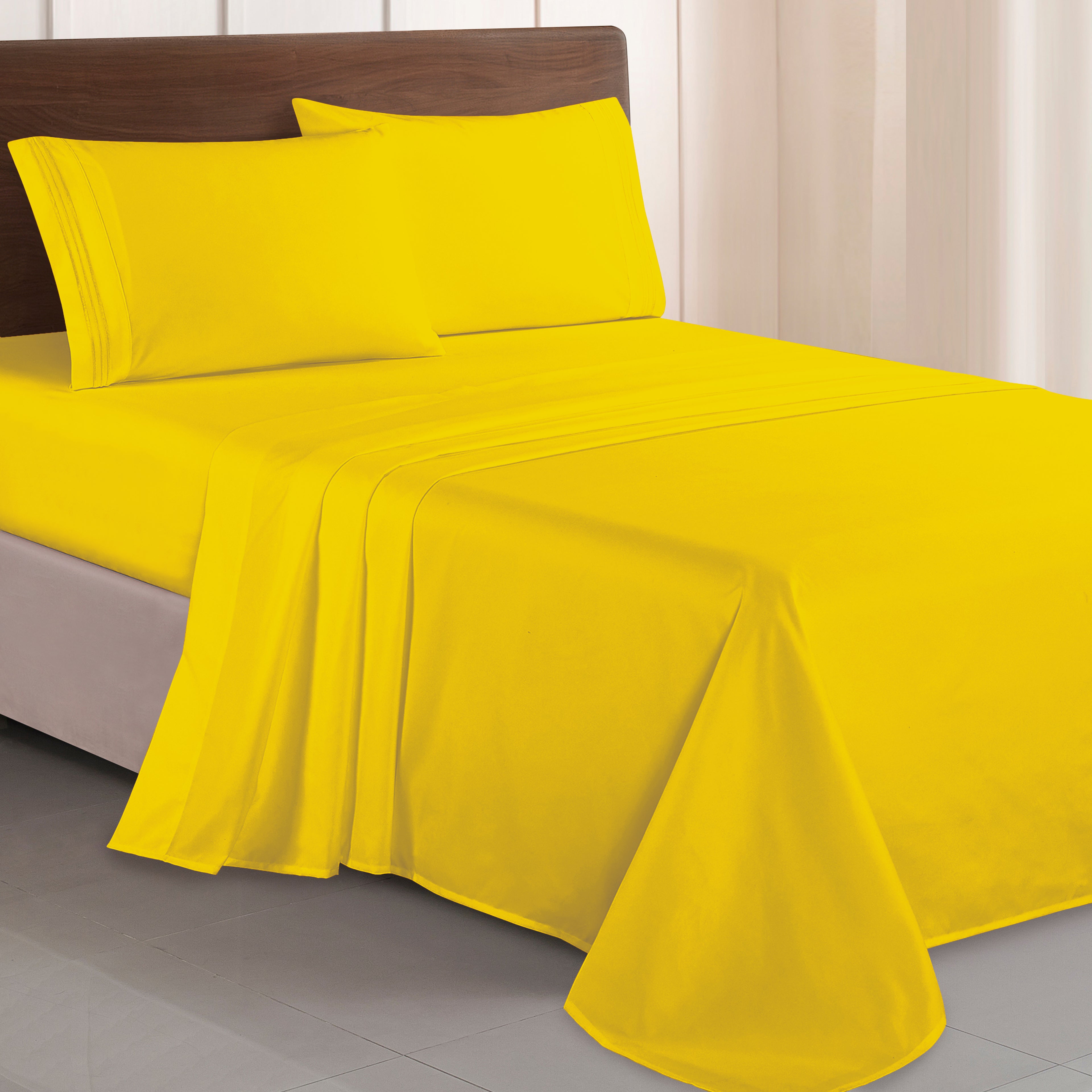 Essential Solid 3 Line Embroidery - Soft as a Hotel Premium Quality, 4-Piece Sheet Set, Bright Shades