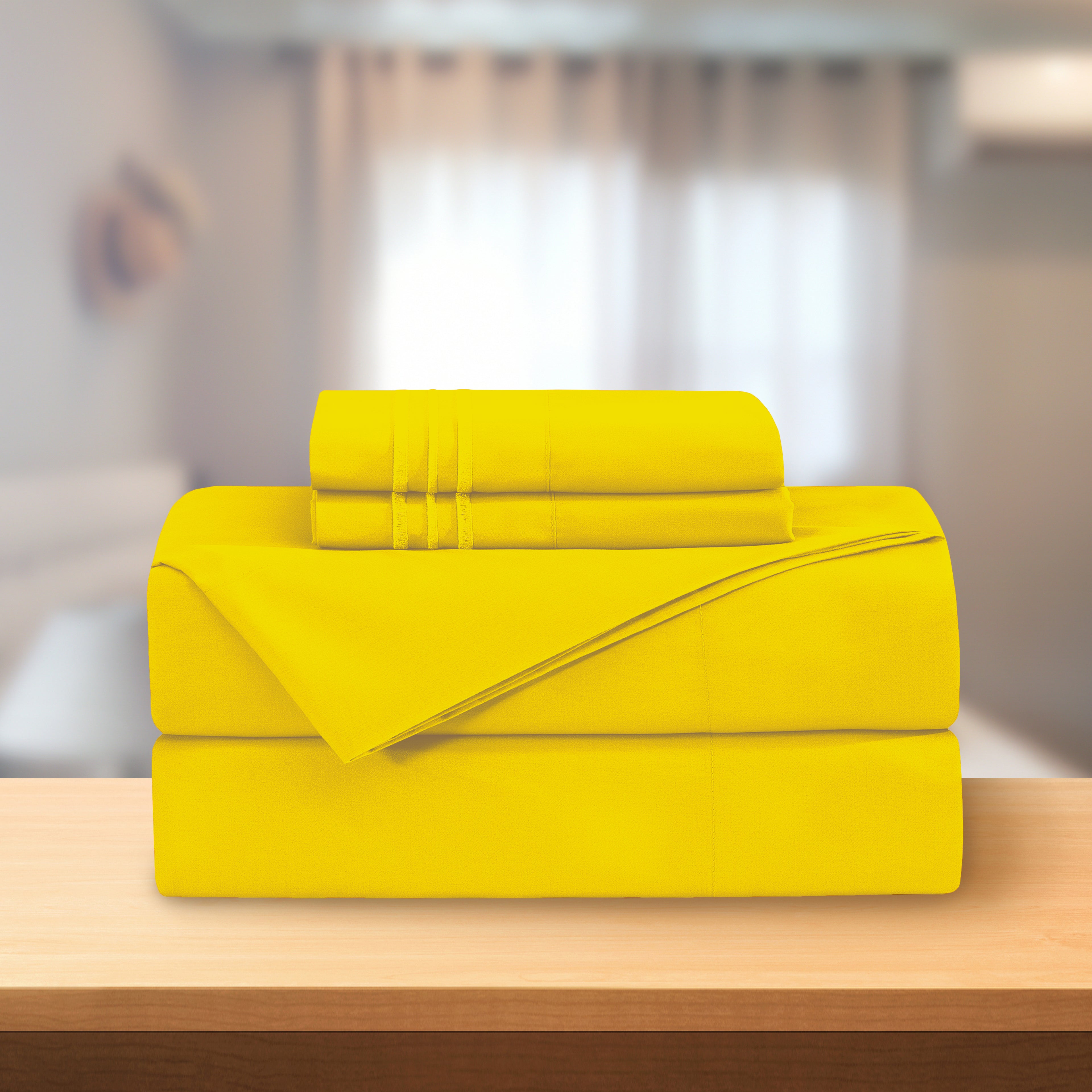 Essential Solid 3 Line Embroidery - Soft as a Hotel Premium Quality, 4-Piece Sheet Set, Bright Shades