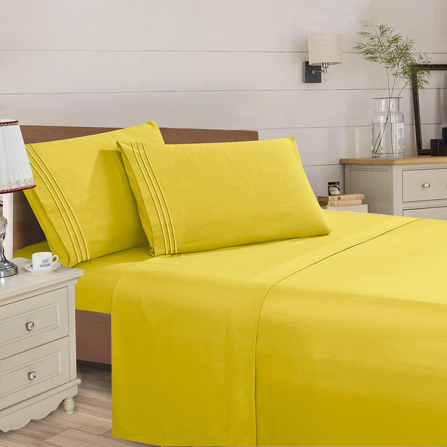 Elegant Comfort Essential Solid 3 Line Embroidery - Soft as a Hotel Premium Quality, 4-Piece Sheet Set, Bright Shades