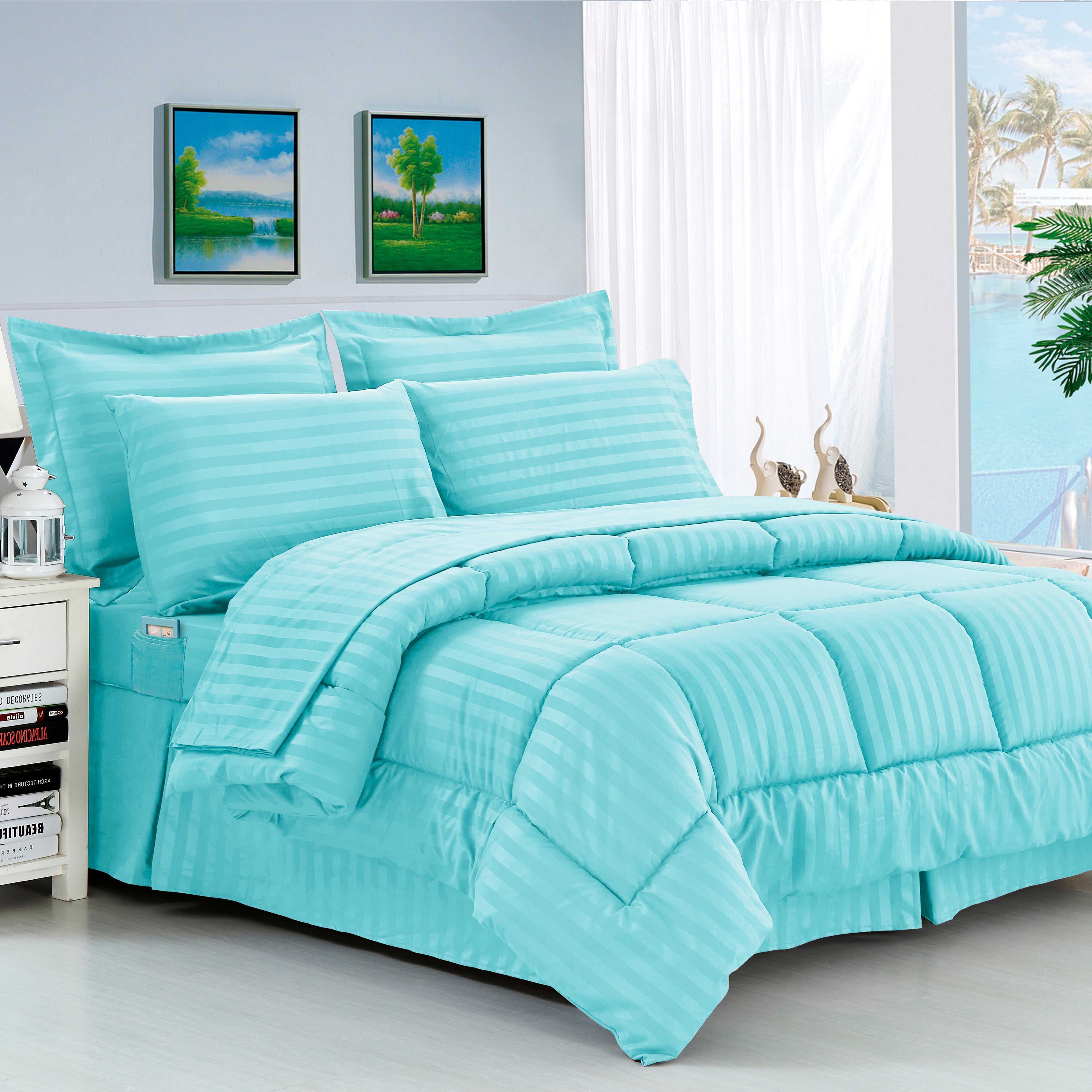 8-Piece Dobby Stripe Comforter Set - Includes 4-Piece Sheet Set with Double Sided Storage Pockets