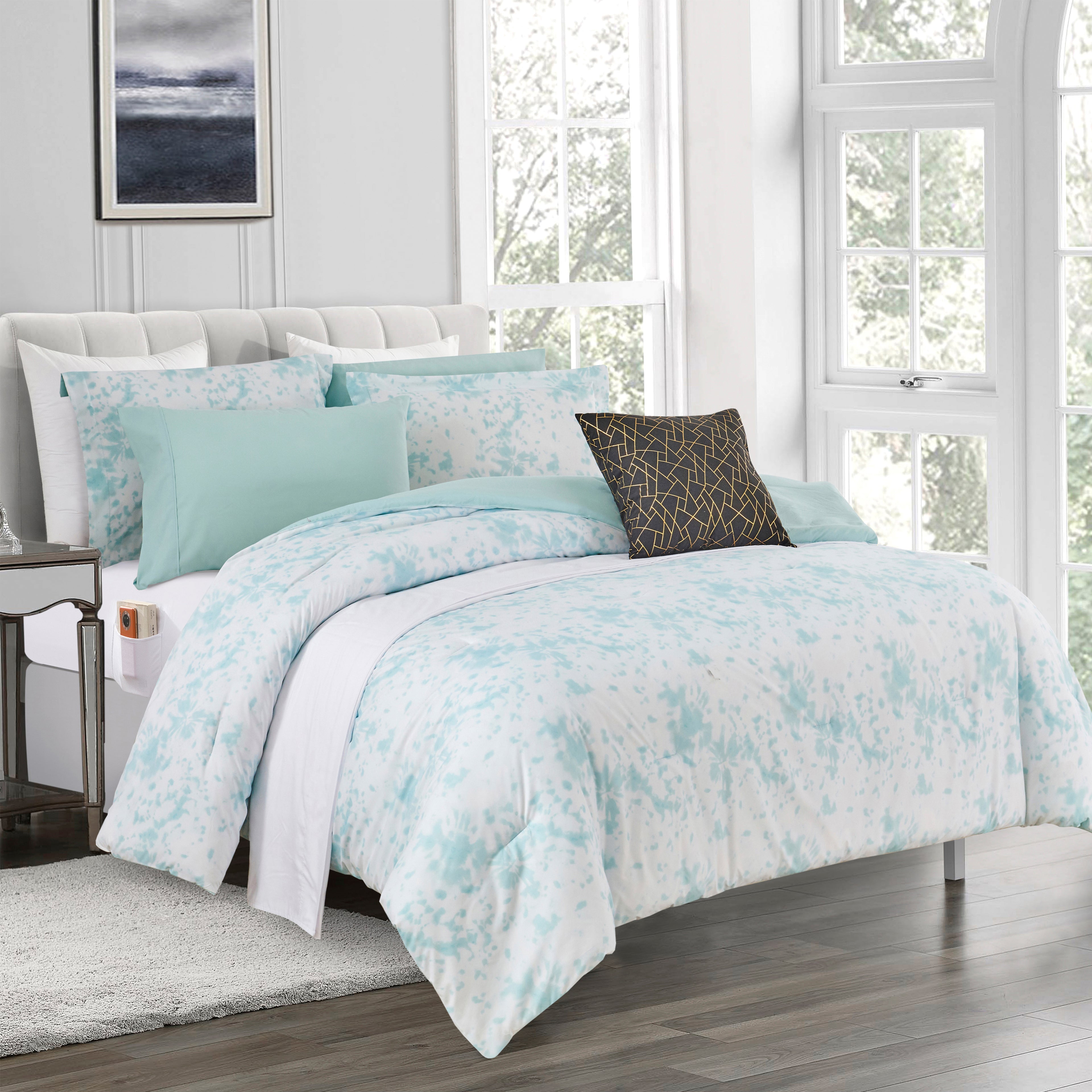 10-Piece Tie-Dye Comforter Set, Includes 6-Piece Sheet Set with Double Sided Storage Pockets