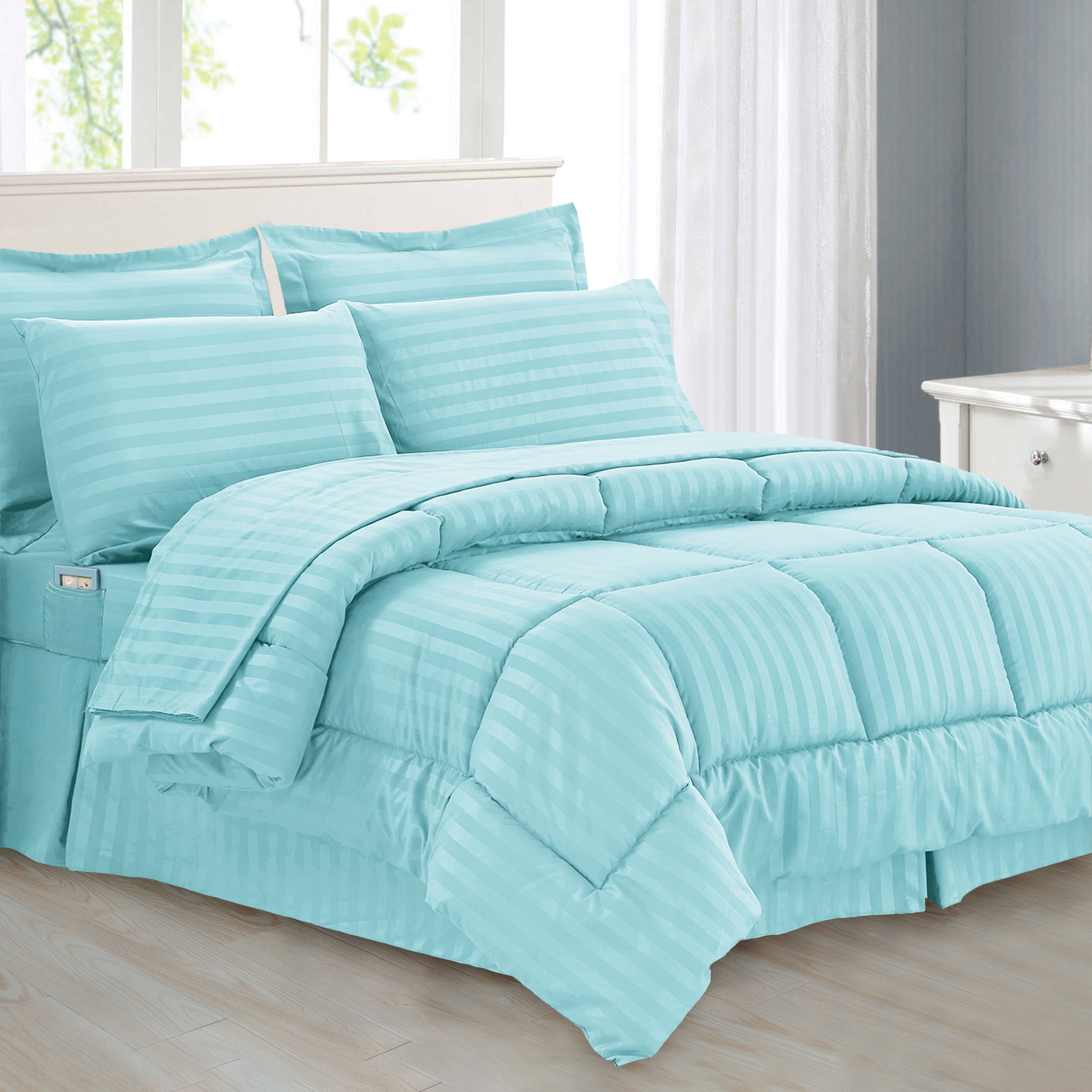 8-Piece Dobby Stripe Comforter Set - Includes 4-Piece Sheet Set with Double Sided Storage Pockets
