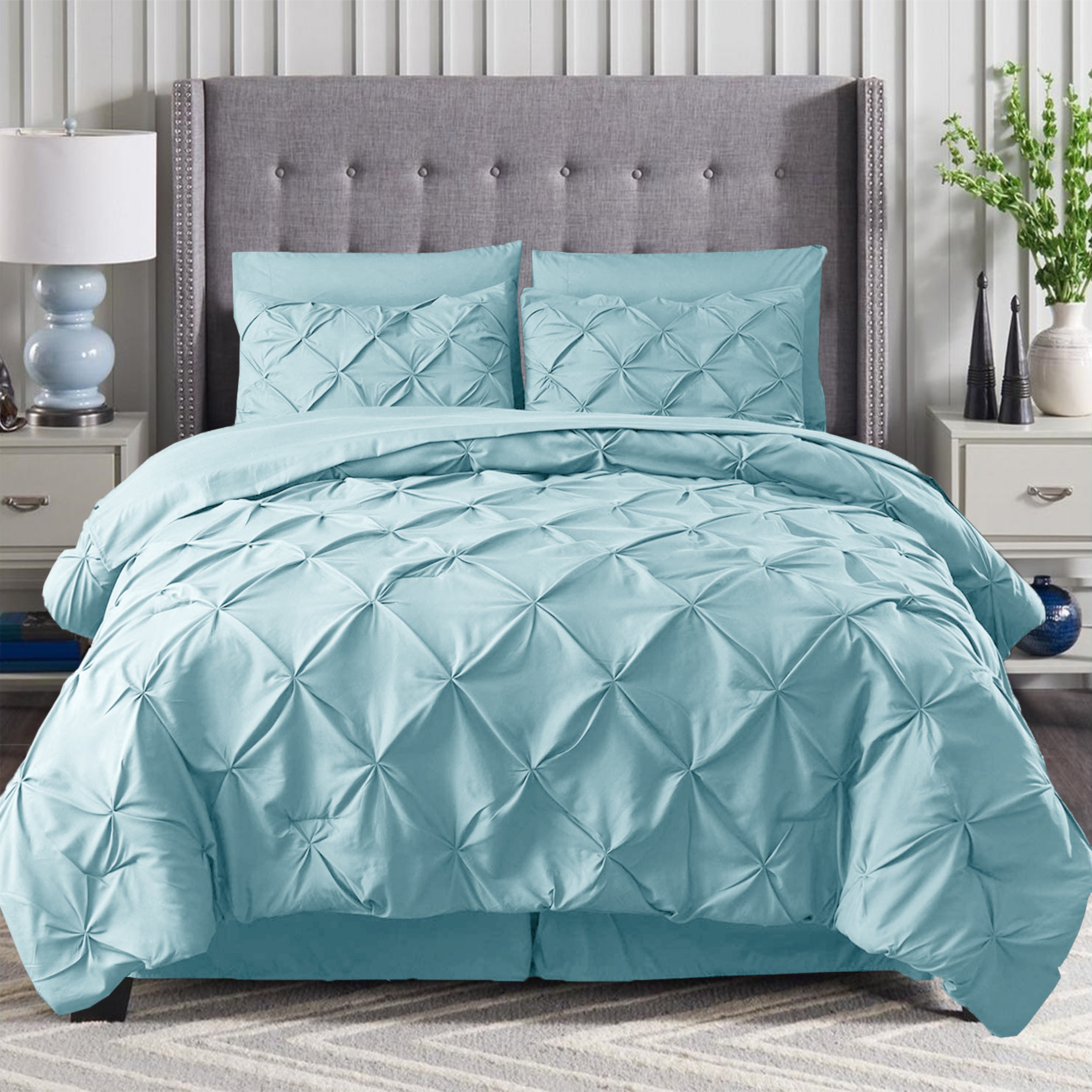 8-Piece Pintuck Pinch Pleated Comforter Set - Includes 4-Piece Sheet Set with Double Sided Storage Pockets