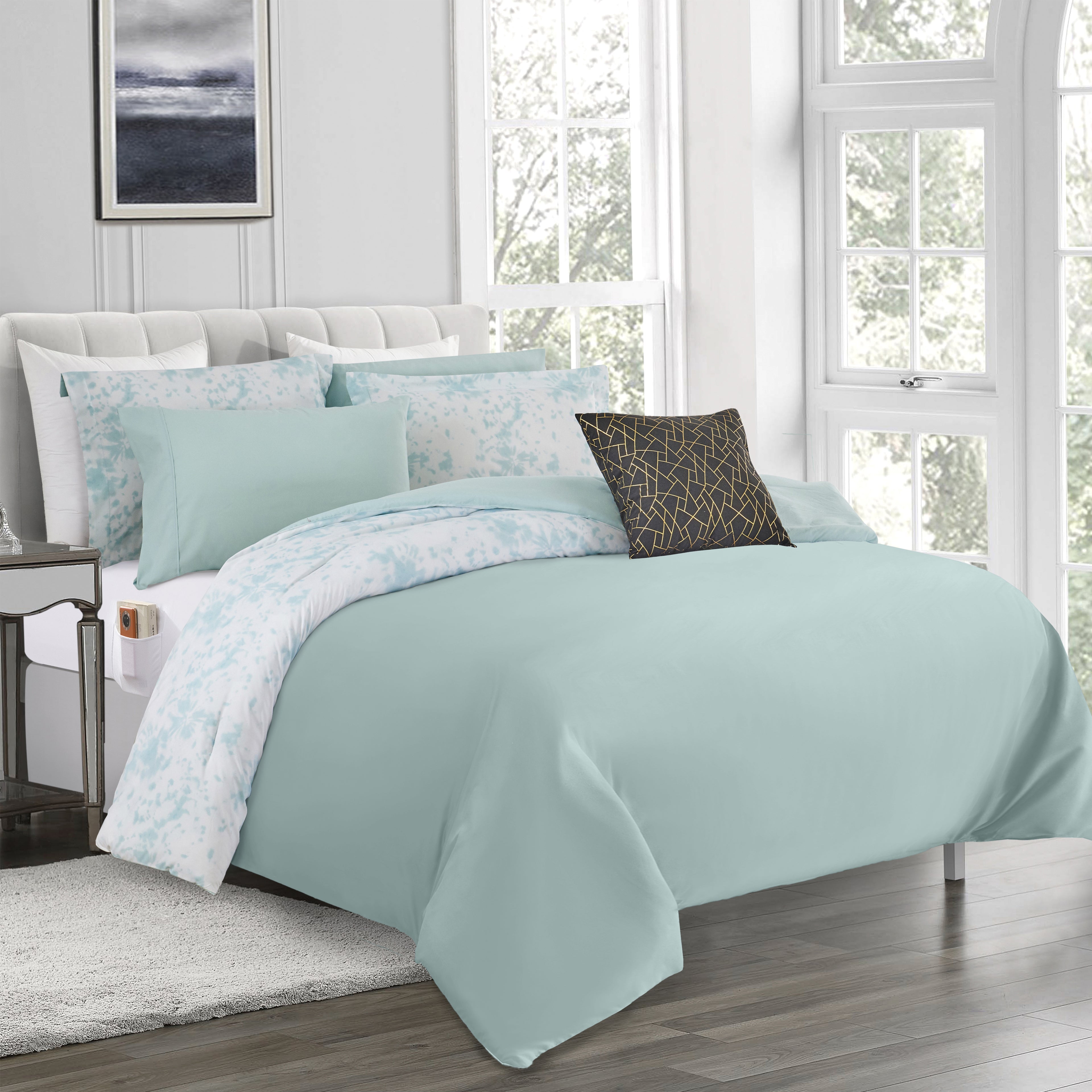 10-Piece Tie-Dye Comforter Set, Includes 6-Piece Sheet Set with Double Sided Storage Pockets